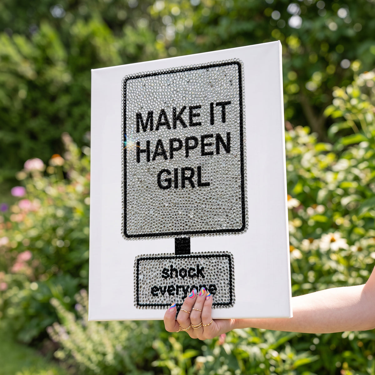 Haus of Moods Make It Happen Girl DIY rhinestone canvas kit featuring glitter road sign wall art ready for crafting.