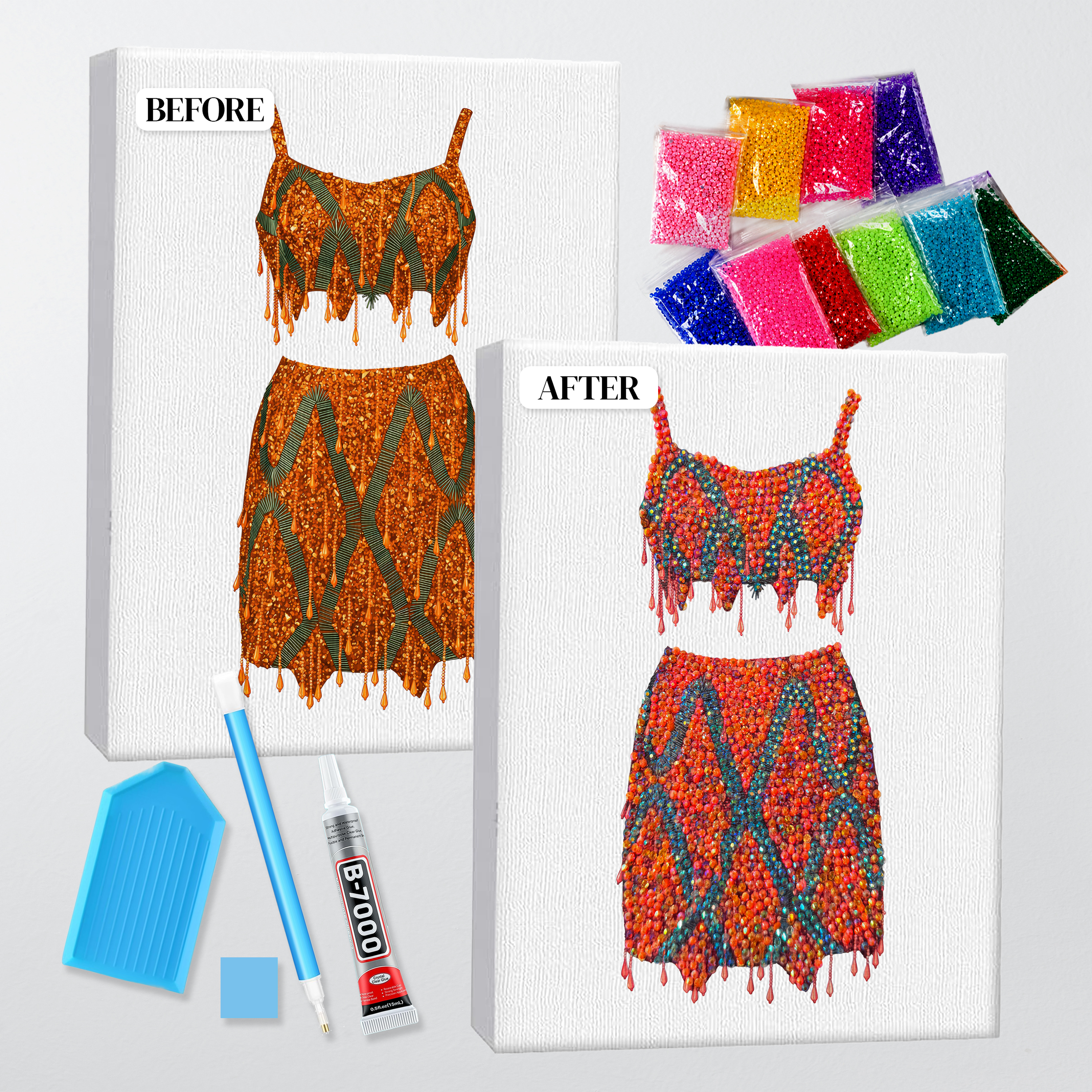 Before and after of the 1989 orange two-piece bedazzle kit, printed canvas beside the finished rhinestone piece
