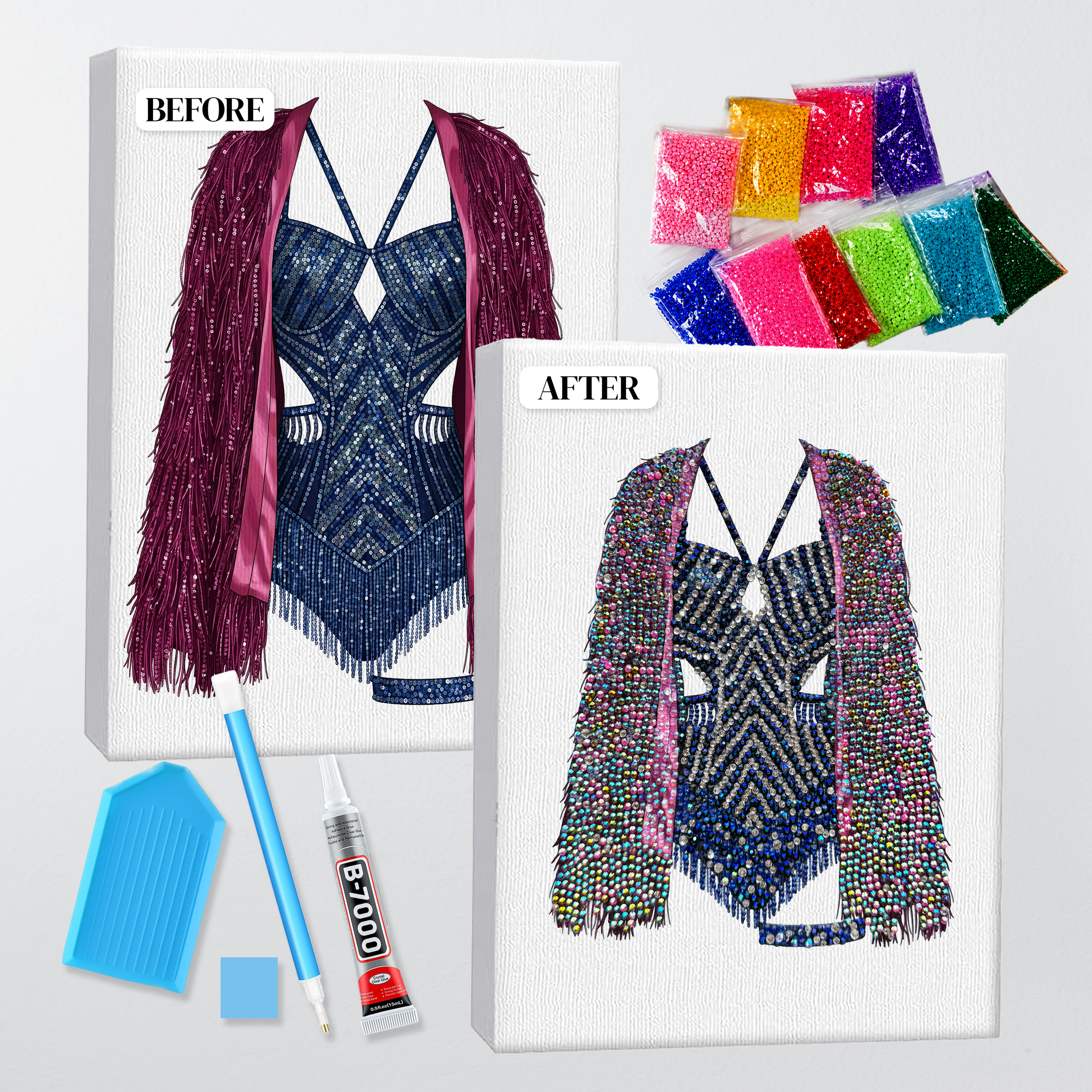 Before and after of the Midnights fringe jacket bedazzle kit, printed canvas beside the finished rhinestone piece