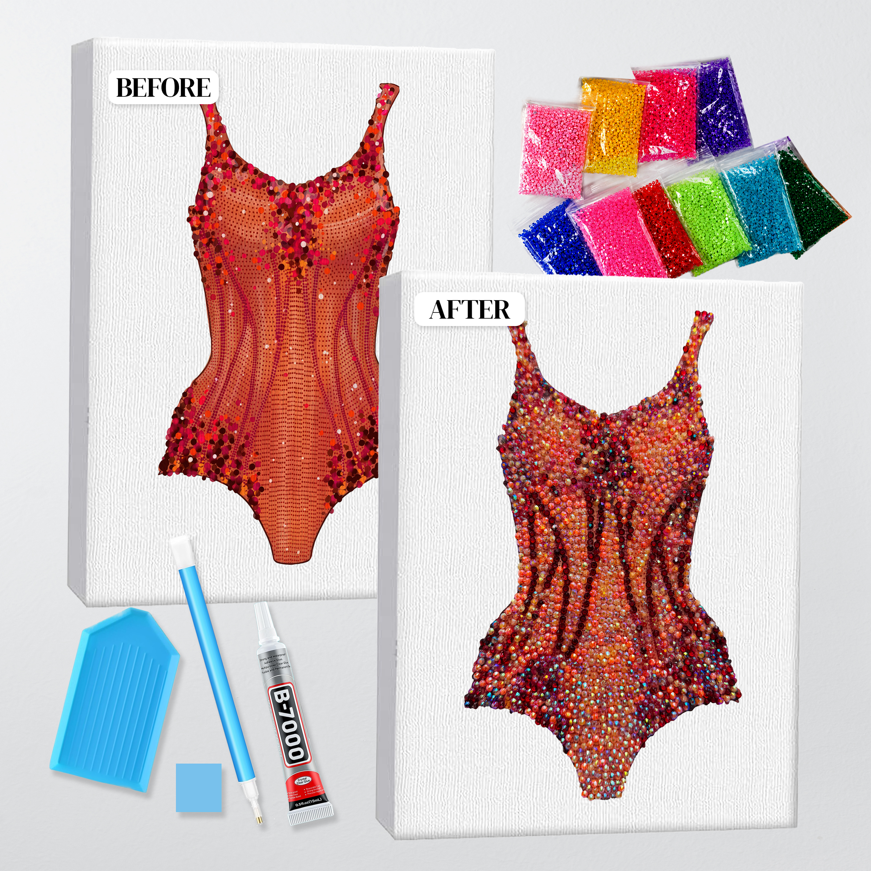Before and after of the Lover orange bodysuit bedazzle kit, printed canvas beside the finished rhinestone piece