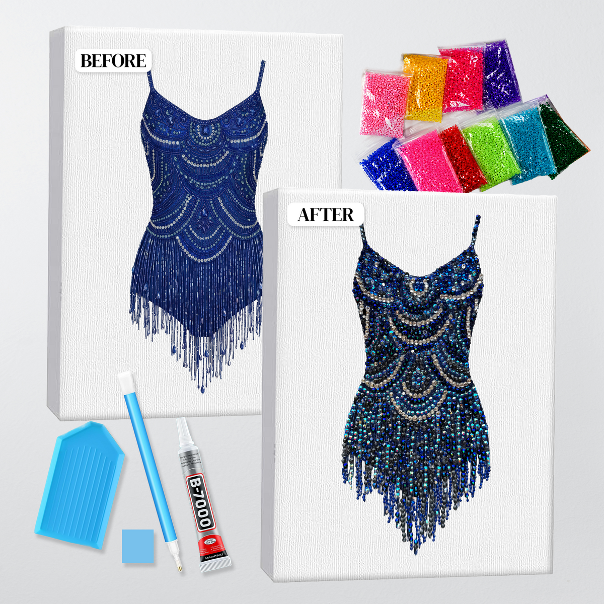 Before and after of the Midnights swoops bodysuit bedazzle kit, printed canvas beside the finished rhinestone piece