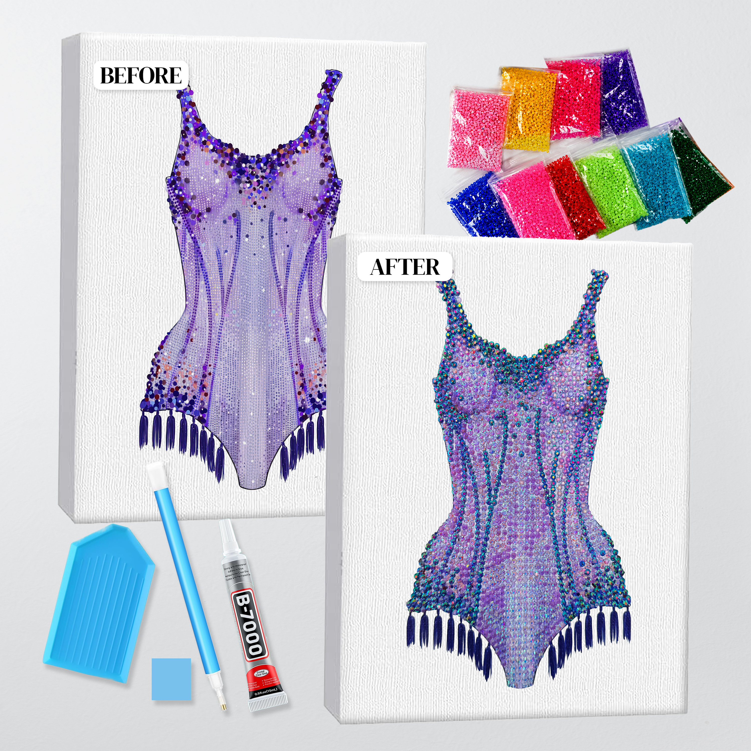 Before and after of the Lover purple bodysuit bedazzle kit, printed canvas beside the finished rhinestone piece