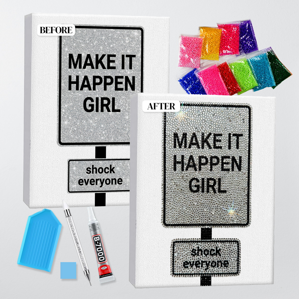 Haus of Moods Make It Happen Girl DIY rhinestone canvas kit with glitter road sign wall art in an unfinished and completed stage.