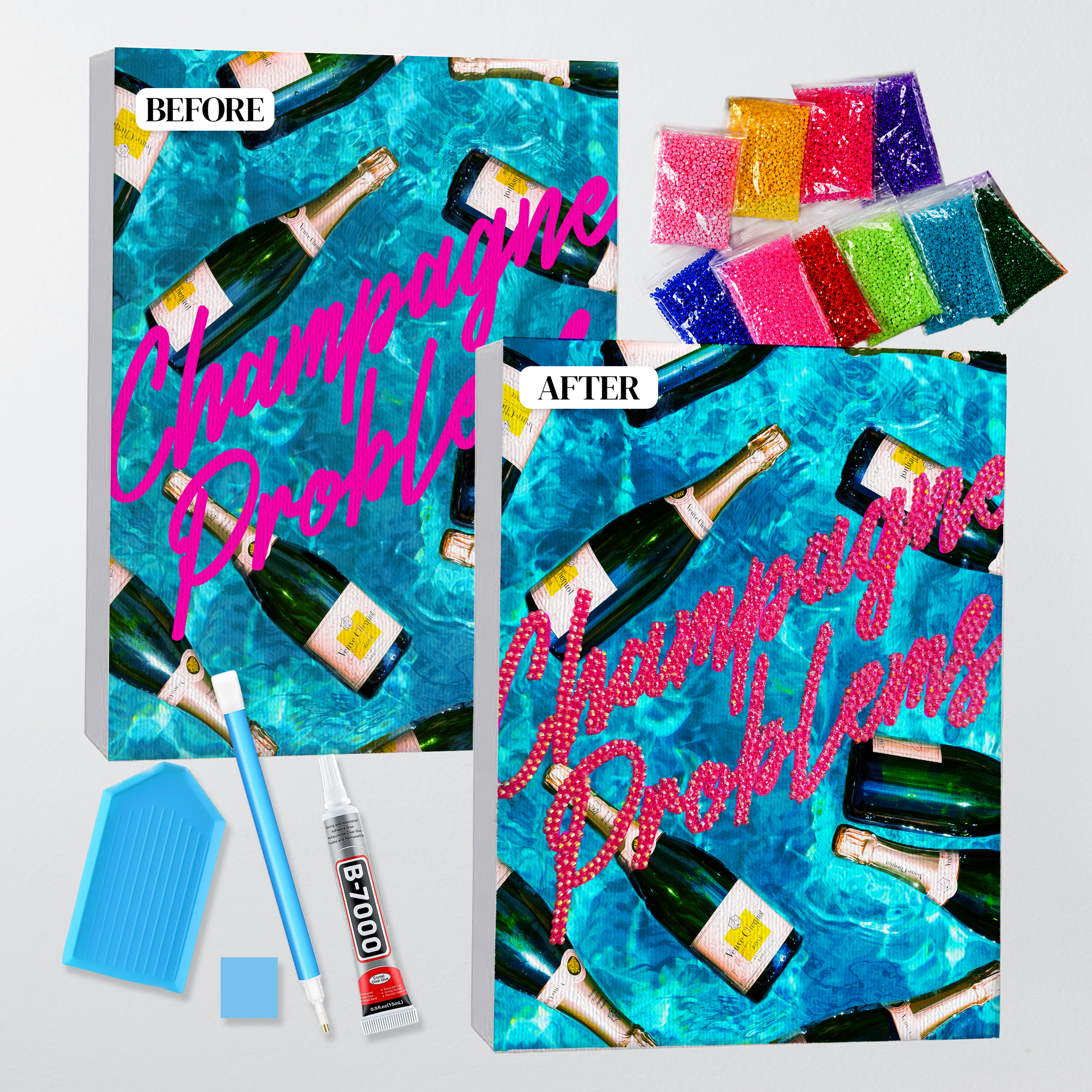 Before and after of the Champagne Problems bedazzle kit, printed canvas beside the finished rhinestone piece