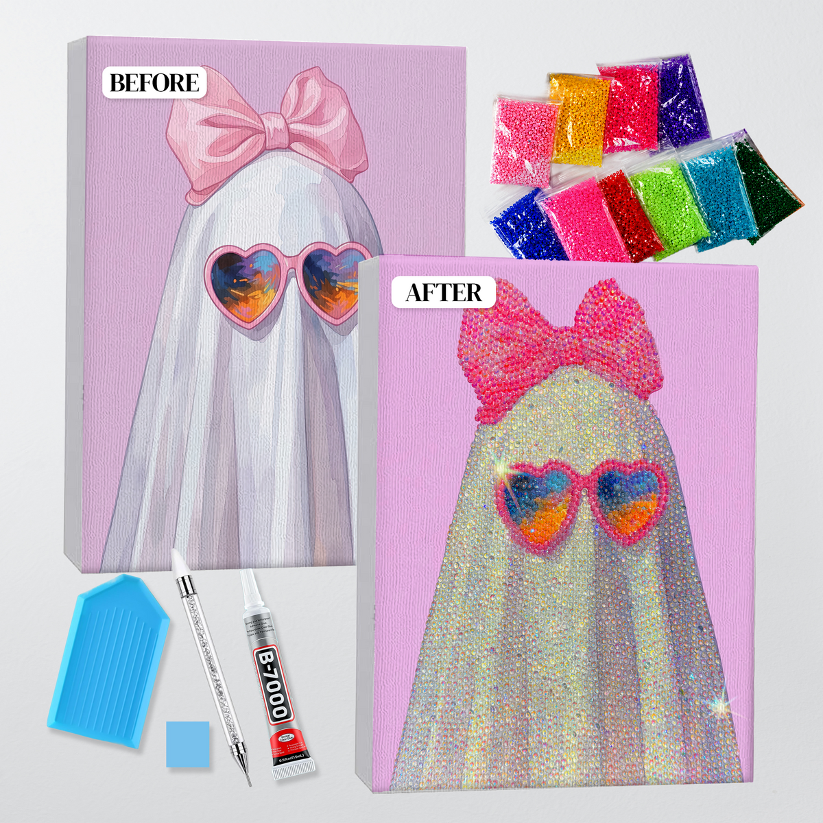 Pink Bow Ghost in Heart Sunglasses DIY Rhinestone Canvas Kit | Halloween Bedazzle Wall Art