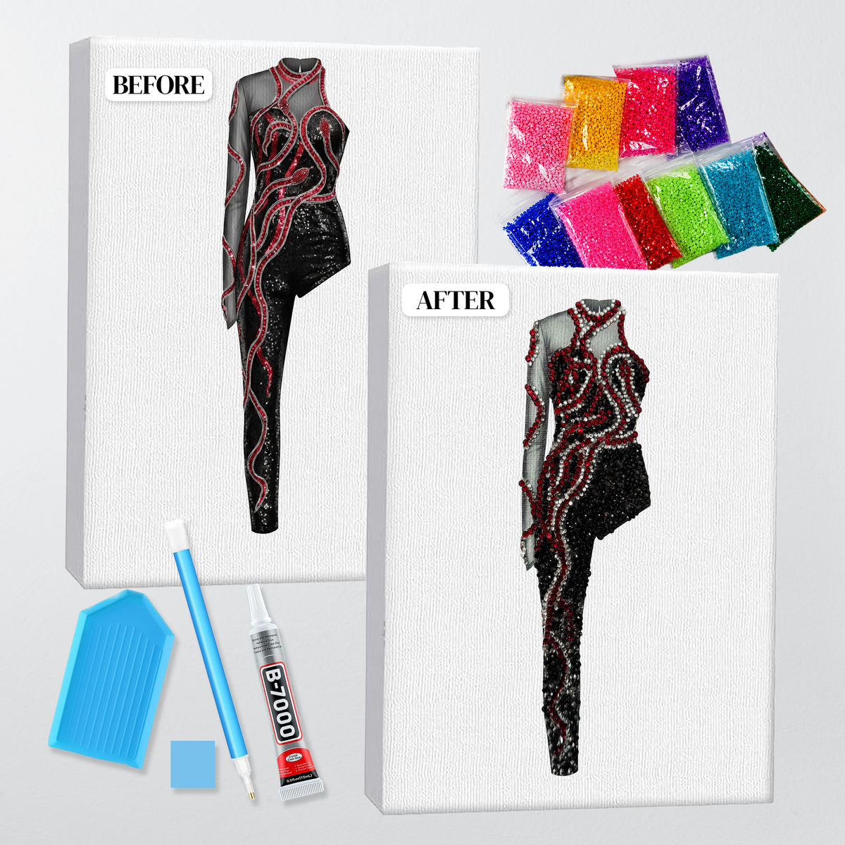 Before and after of the reputation snake catsuit bedazzle kit, printed canvas beside the finished rhinestone piece