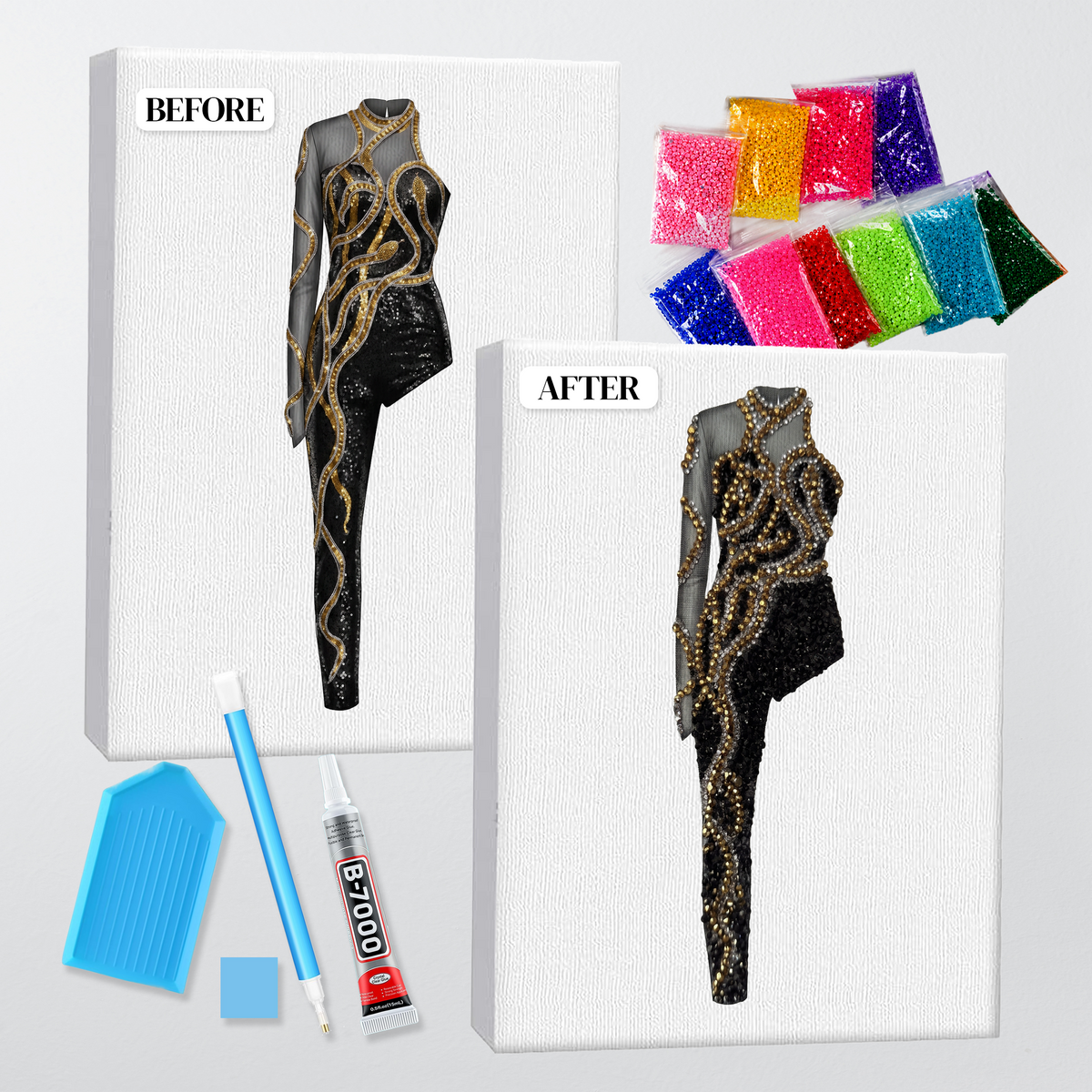 Before and after of the reputation gold snake catsuit bedazzle kit, printed canvas beside the finished rhinestone piece