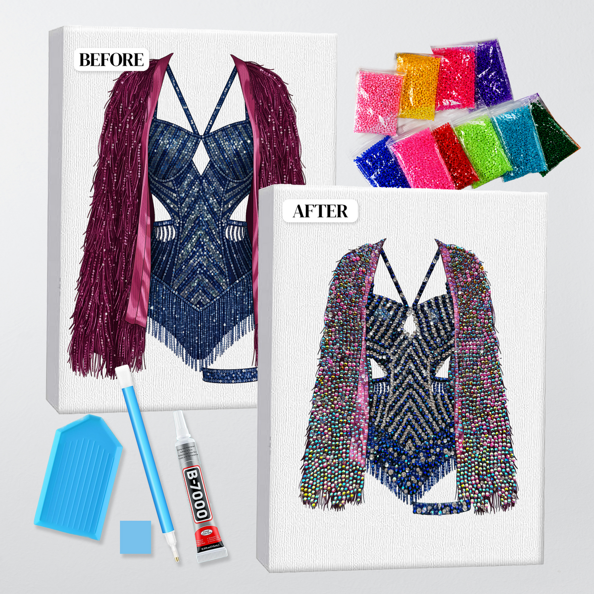 Before and after of the Midnights fringe jacket bedazzle kit, printed canvas beside the finished rhinestone piece