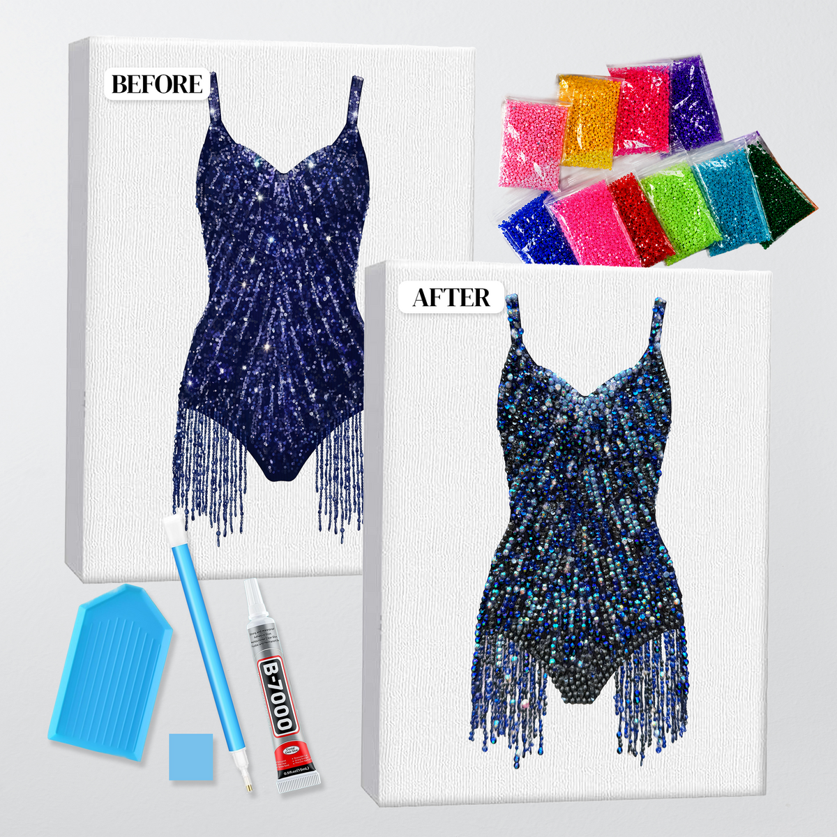Before and after of the Midnights lines bodysuit bedazzle kit, printed canvas beside the finished rhinestone piece