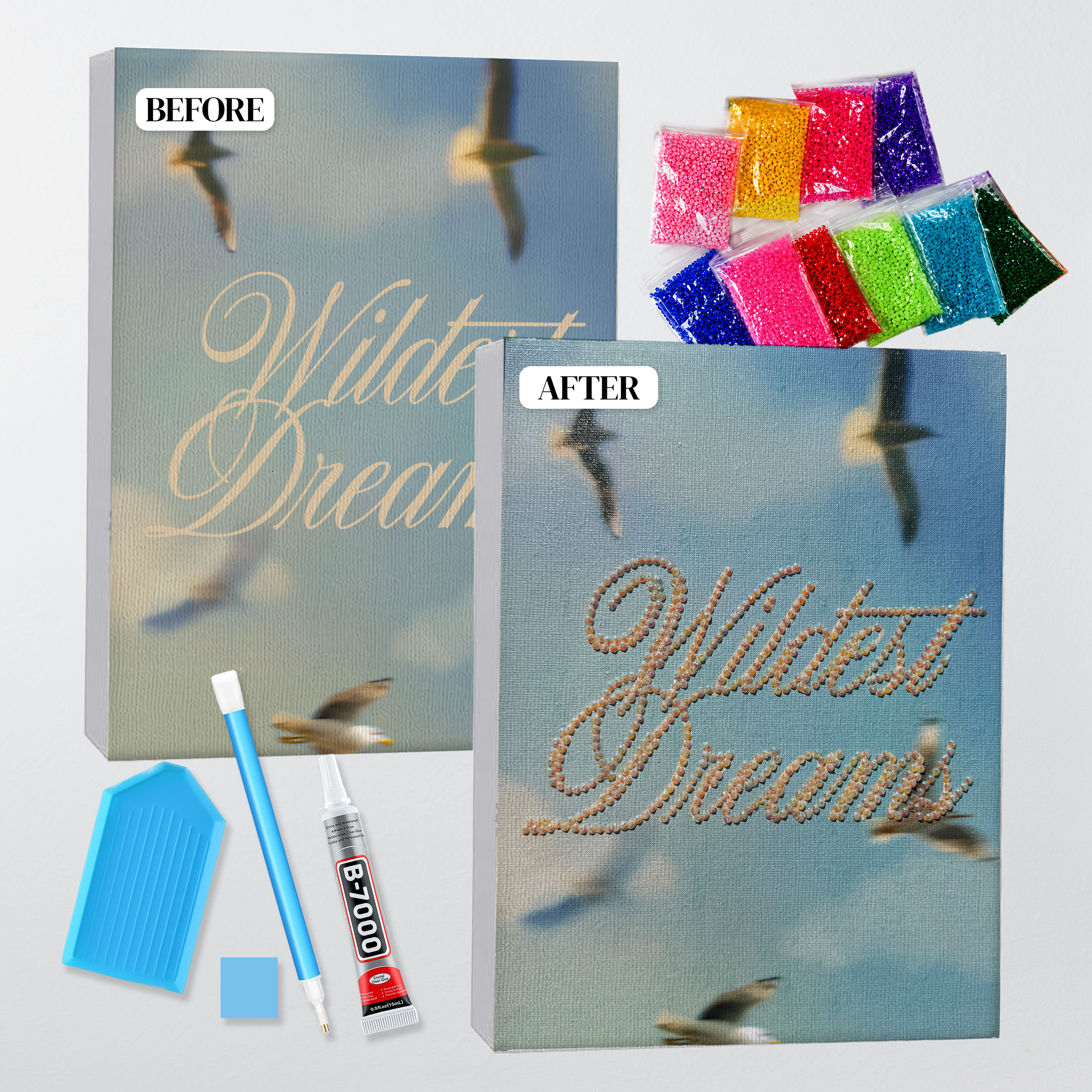 Before and after of the Wildest Dreams bedazzle kit, printed canvas beside the finished rhinestone piece