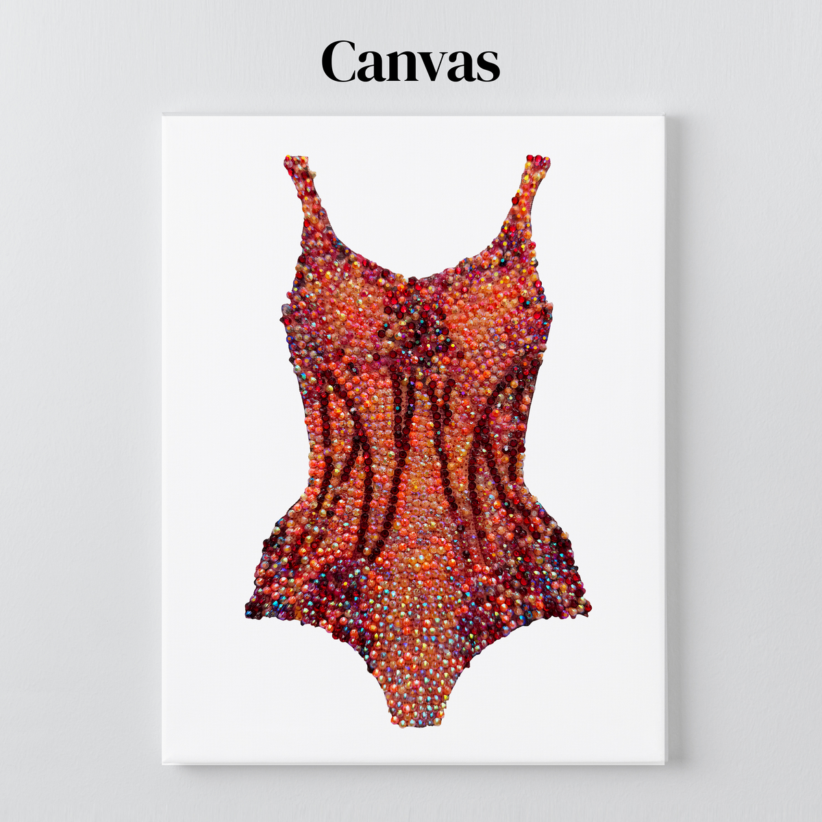 Lover orange bodysuit bedazzle kit on a stretched canvas with a 5/8 inch pine frame