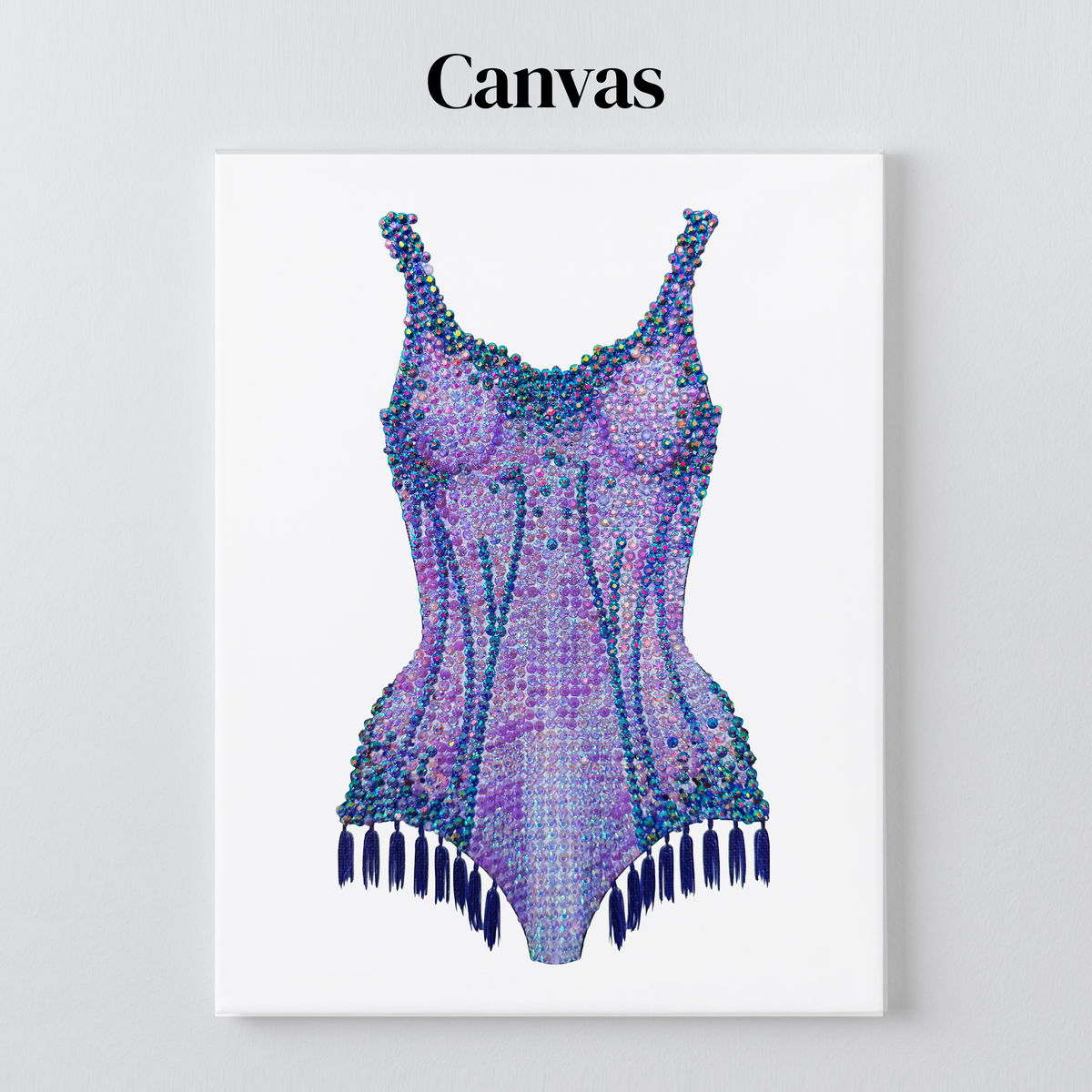 Lover purple bodysuit rhinestone art on a stretched canvas with a 5/8 inch pine frame