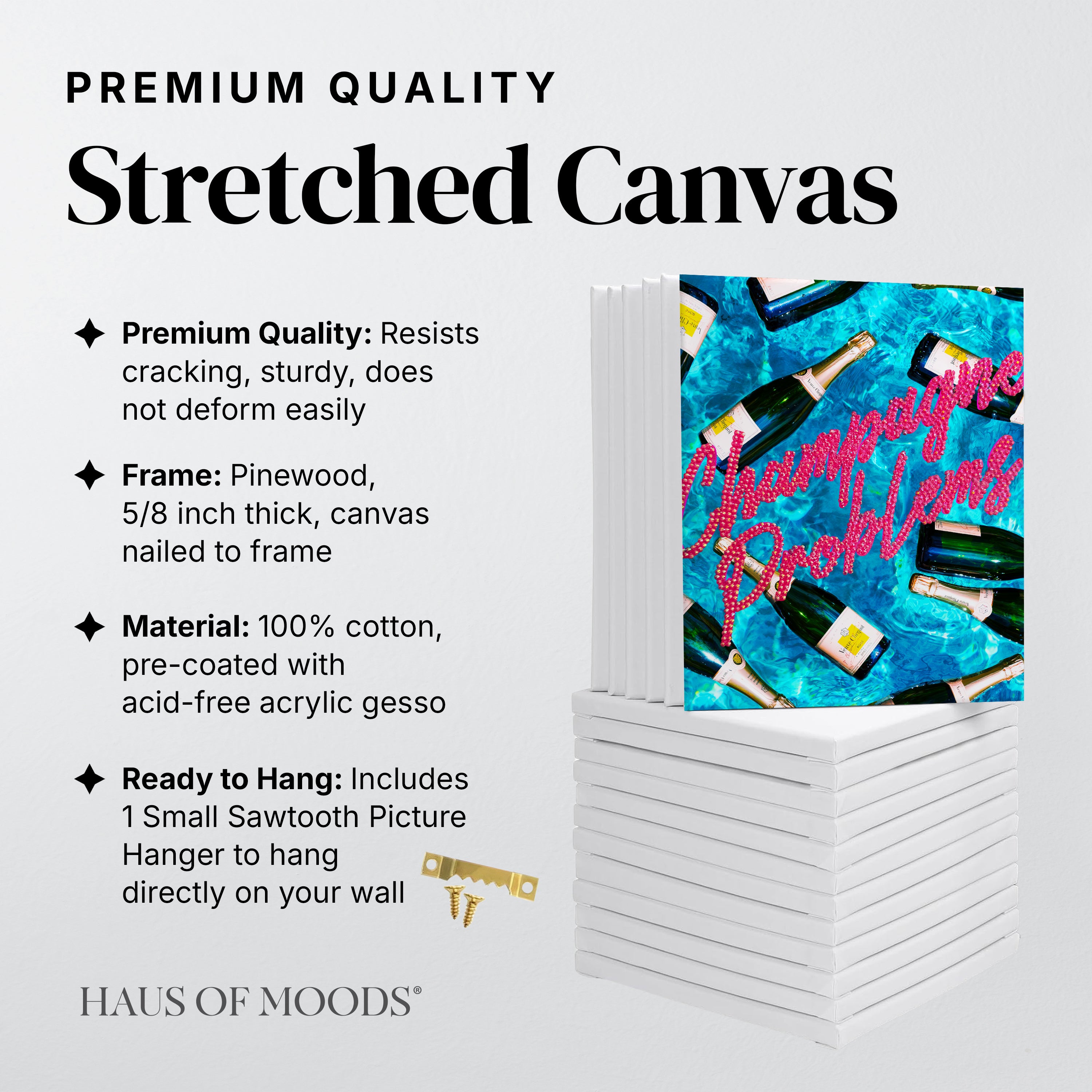 Champagne Problems stretched canvas rhinestone kit, angled view