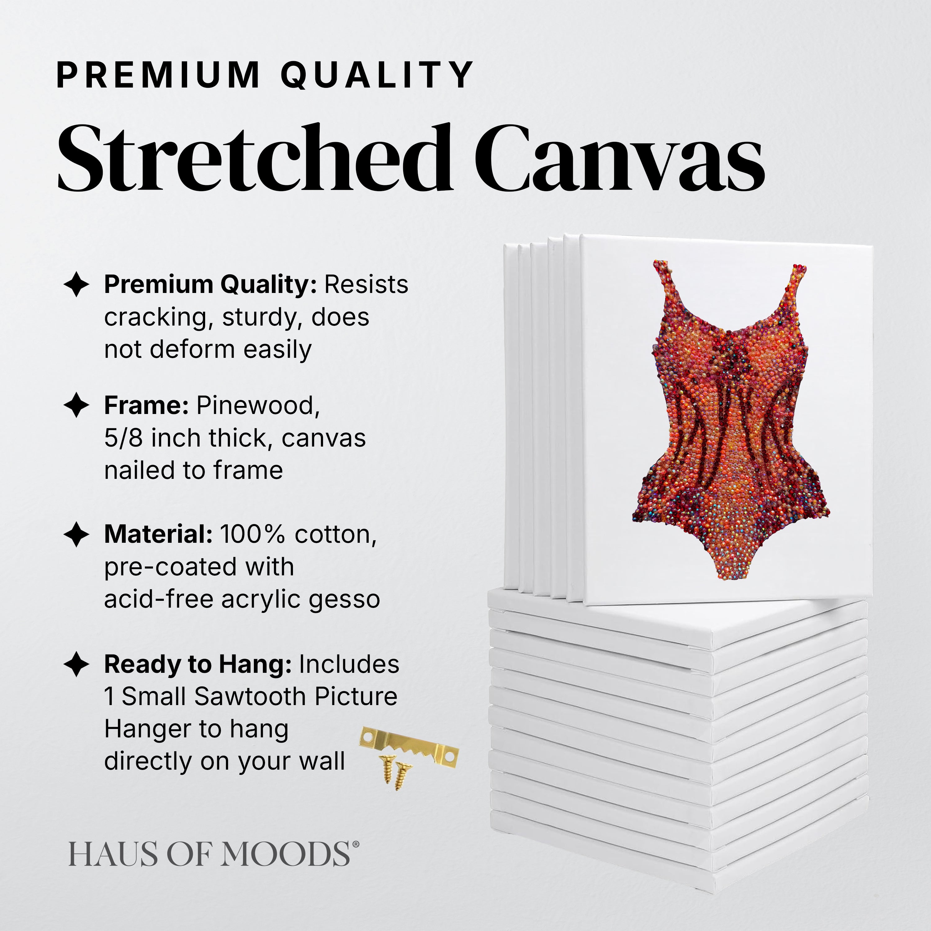 Angled view of the Lover orange bodysuit bedazzle kit on a stretched canvas