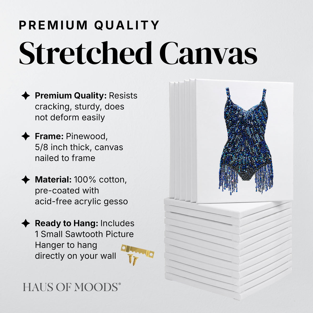 Angled view of the Midnights lines bodysuit bedazzle kit on a stretched canvas