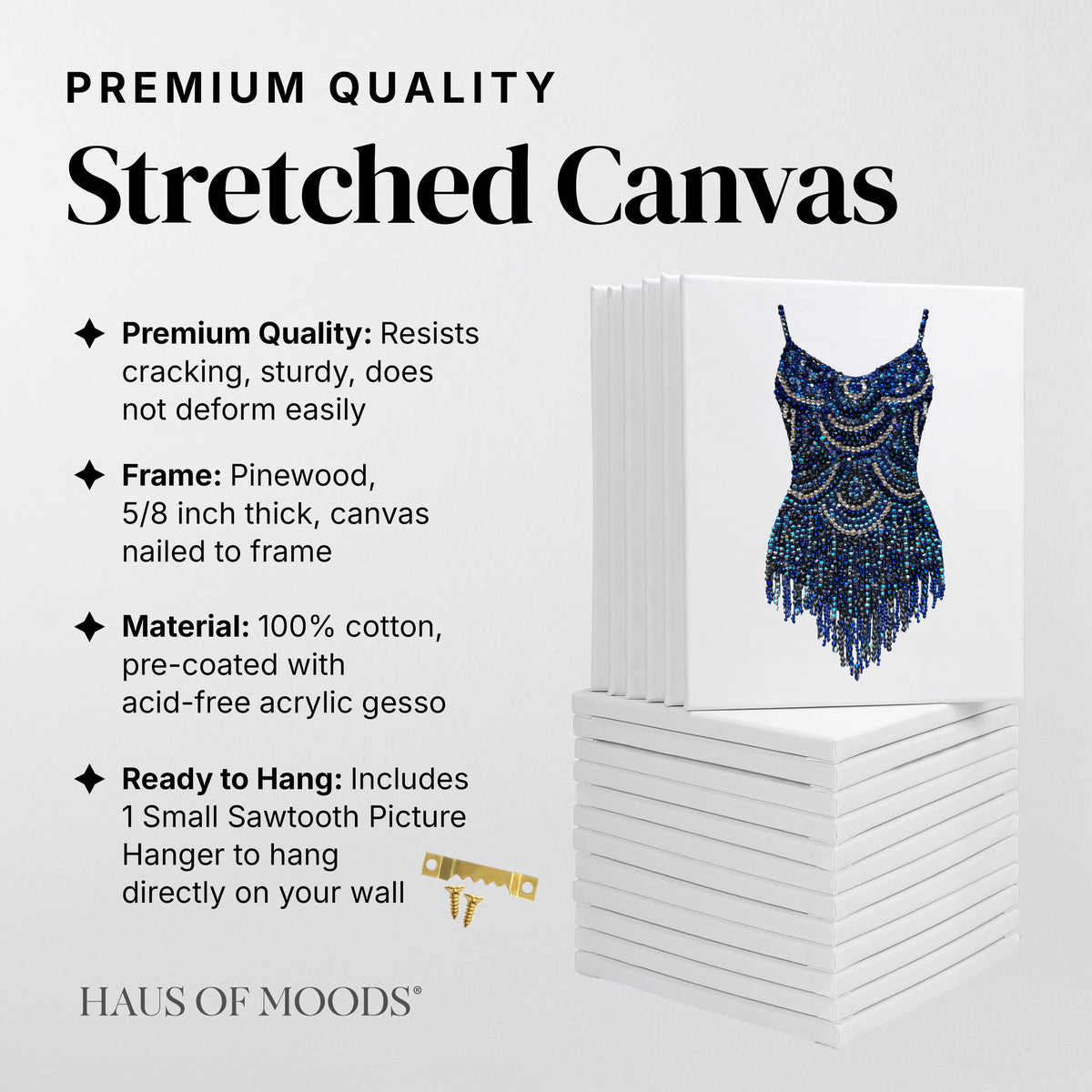 Angled view of the Midnights swoops bodysuit bedazzle kit on a stretched canvas