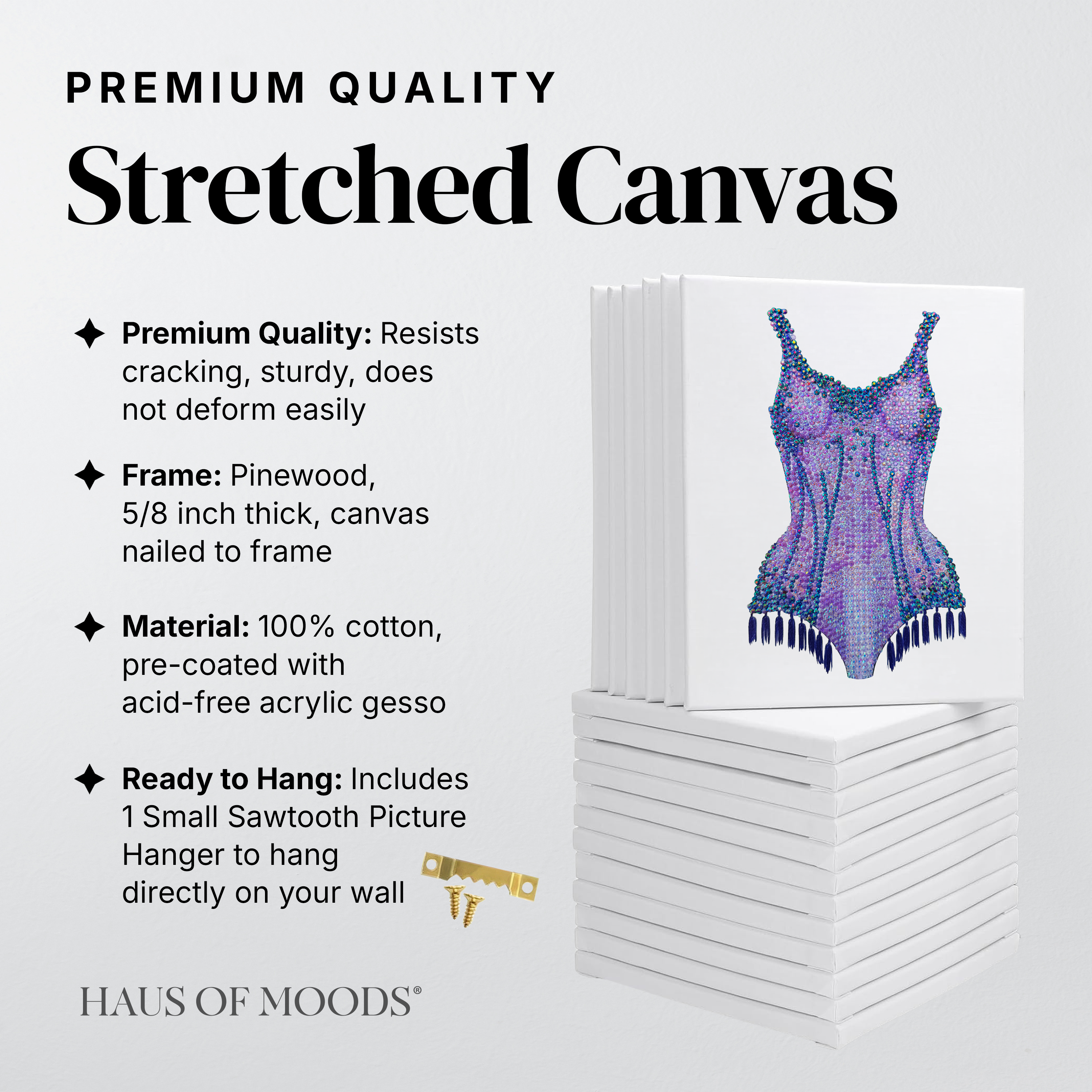 Lover purple bodysuit stretched canvas rhinestone kit, angled view