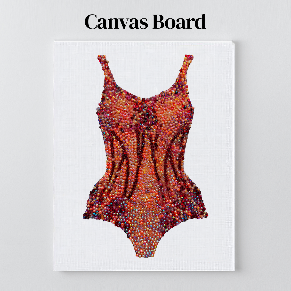 Lover orange bodysuit bedazzle kit on a flat canvas board, ready to frame