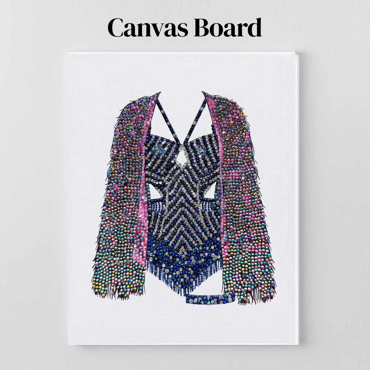 Midnights fringe jacket bedazzle kit on a flat canvas board, ready to frame