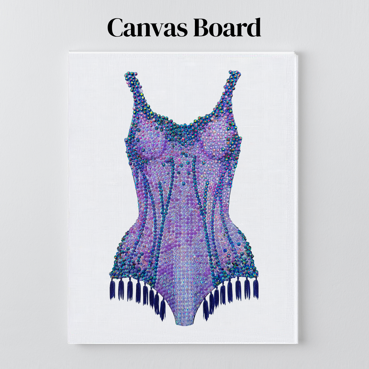 Lover purple bodysuit rhinestone art on a flat canvas board, ready to frame
