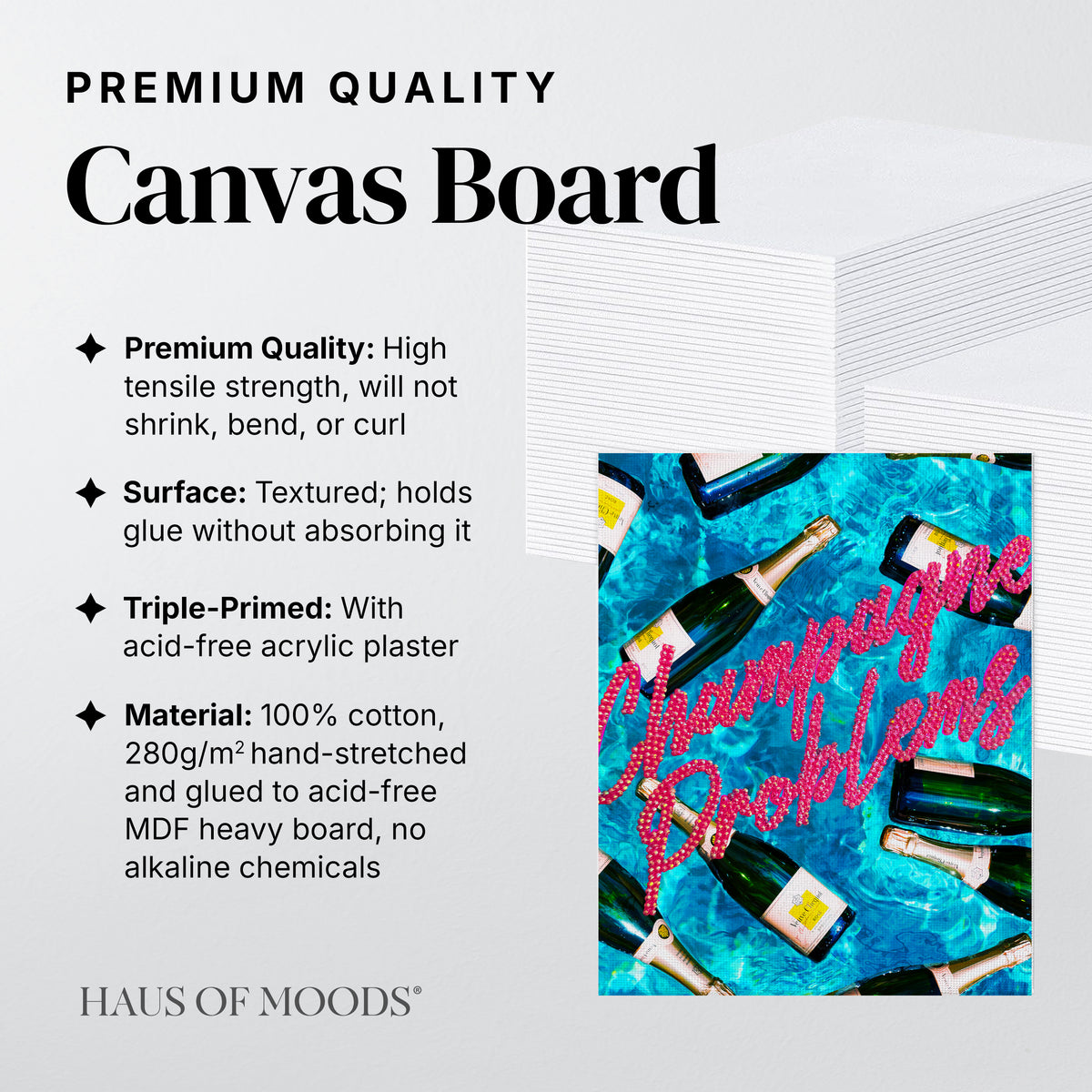Champagne Problems canvas board rhinestone kit, angled view