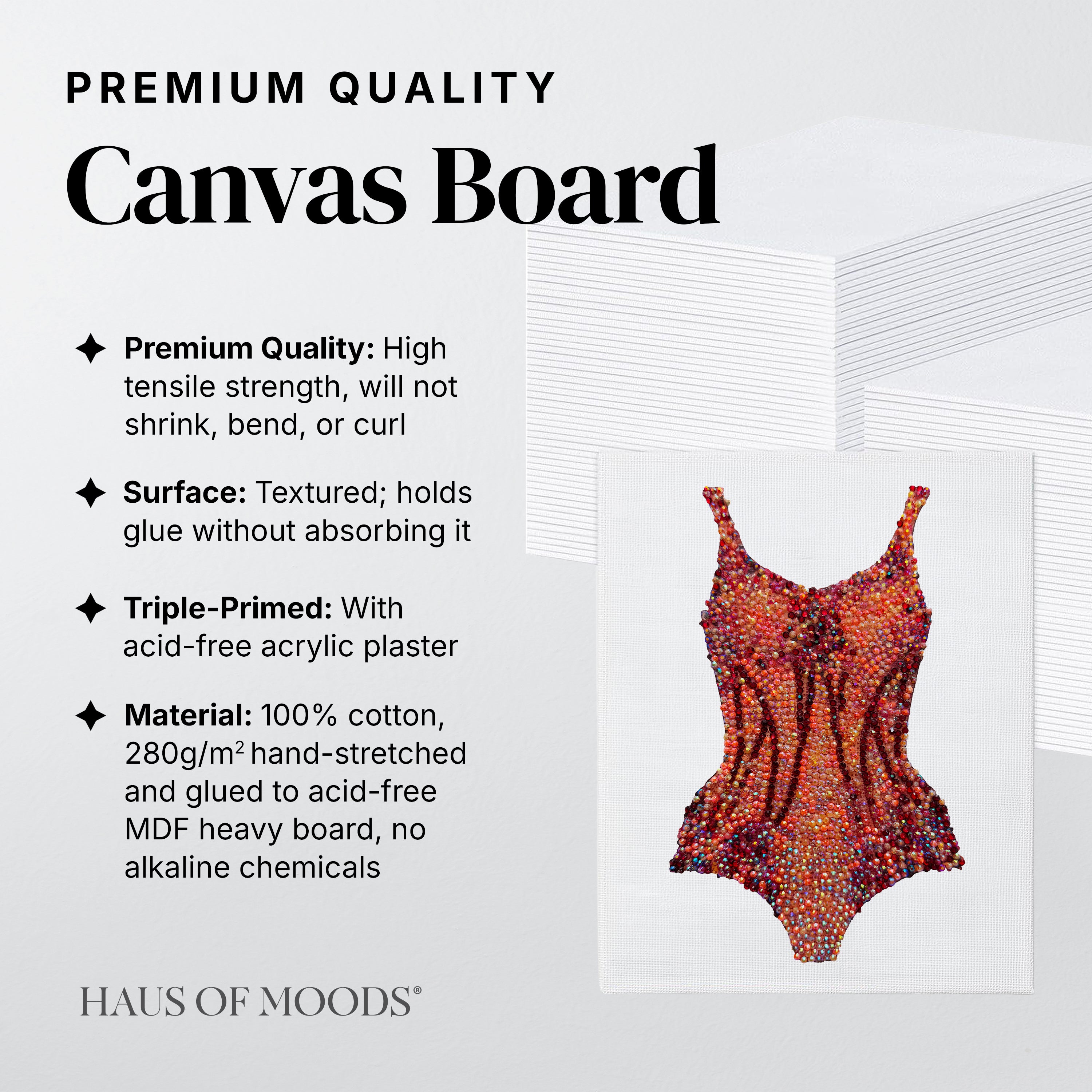 Angled view of the Lover orange bodysuit bedazzle kit on a canvas board