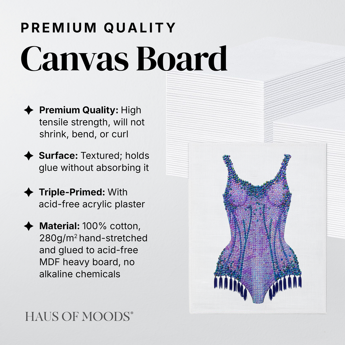 Lover purple bodysuit canvas board rhinestone kit, angled view