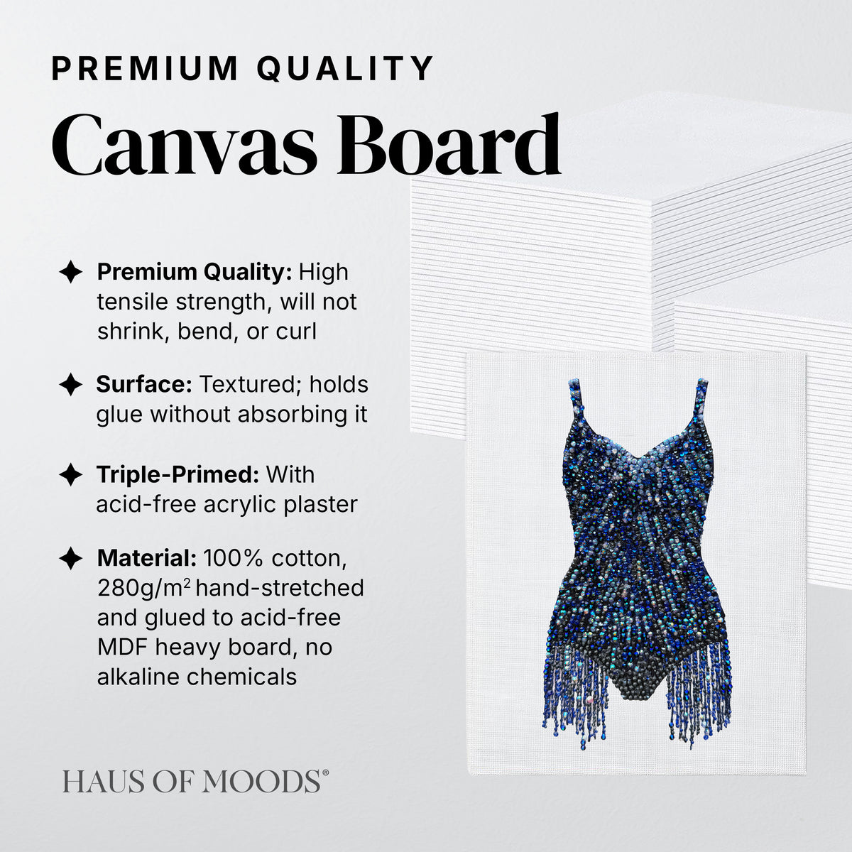 Angled view of the Midnights lines bodysuit bedazzle kit on a canvas board