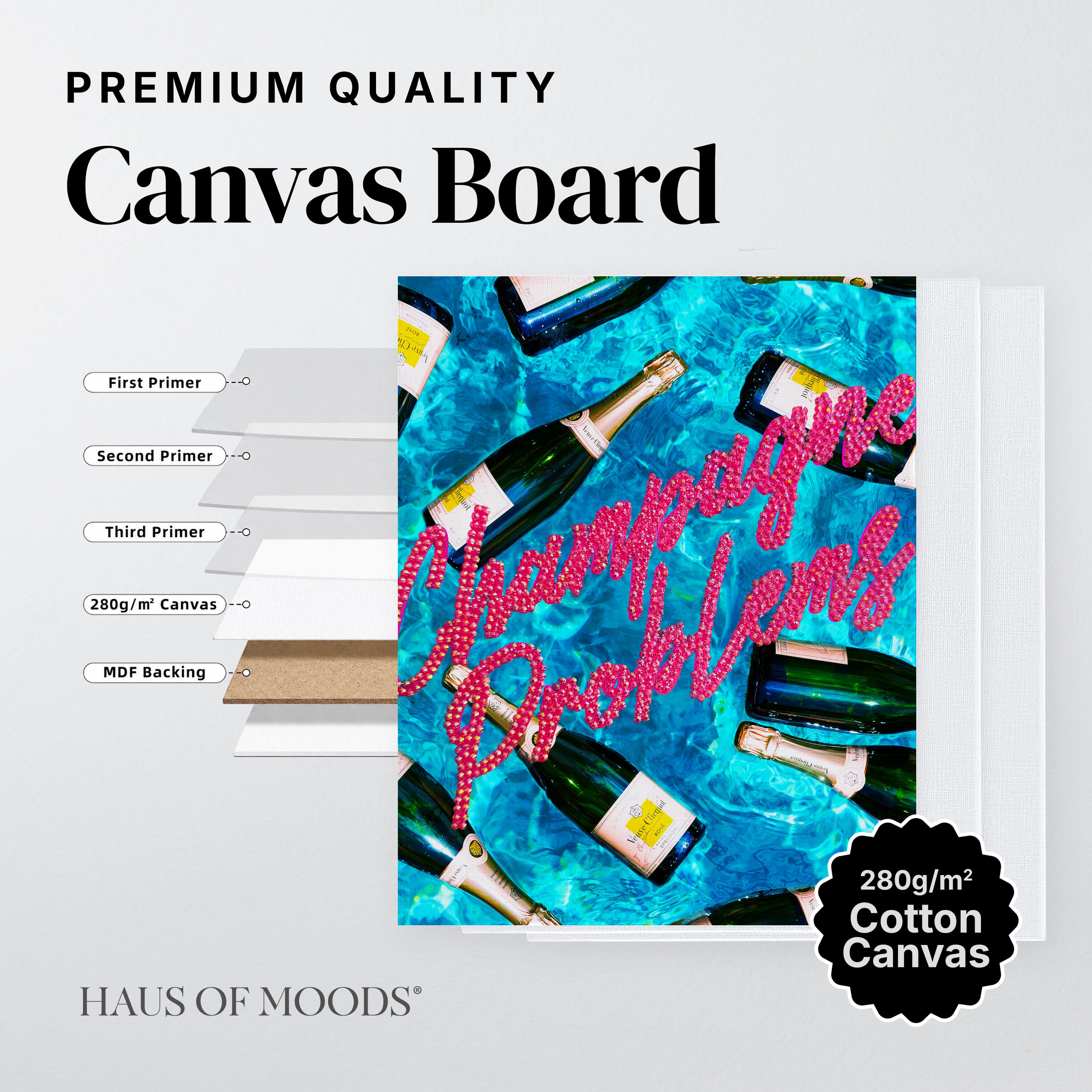 Champagne Problems canvas board rhinestone kit, close detail