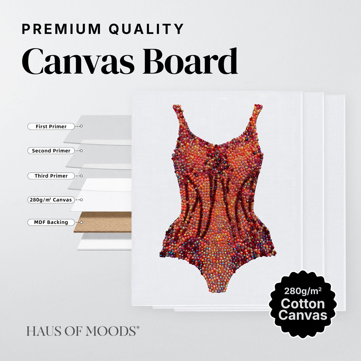 Close detail of the rhinestones on the Lover orange bodysuit canvas board kit