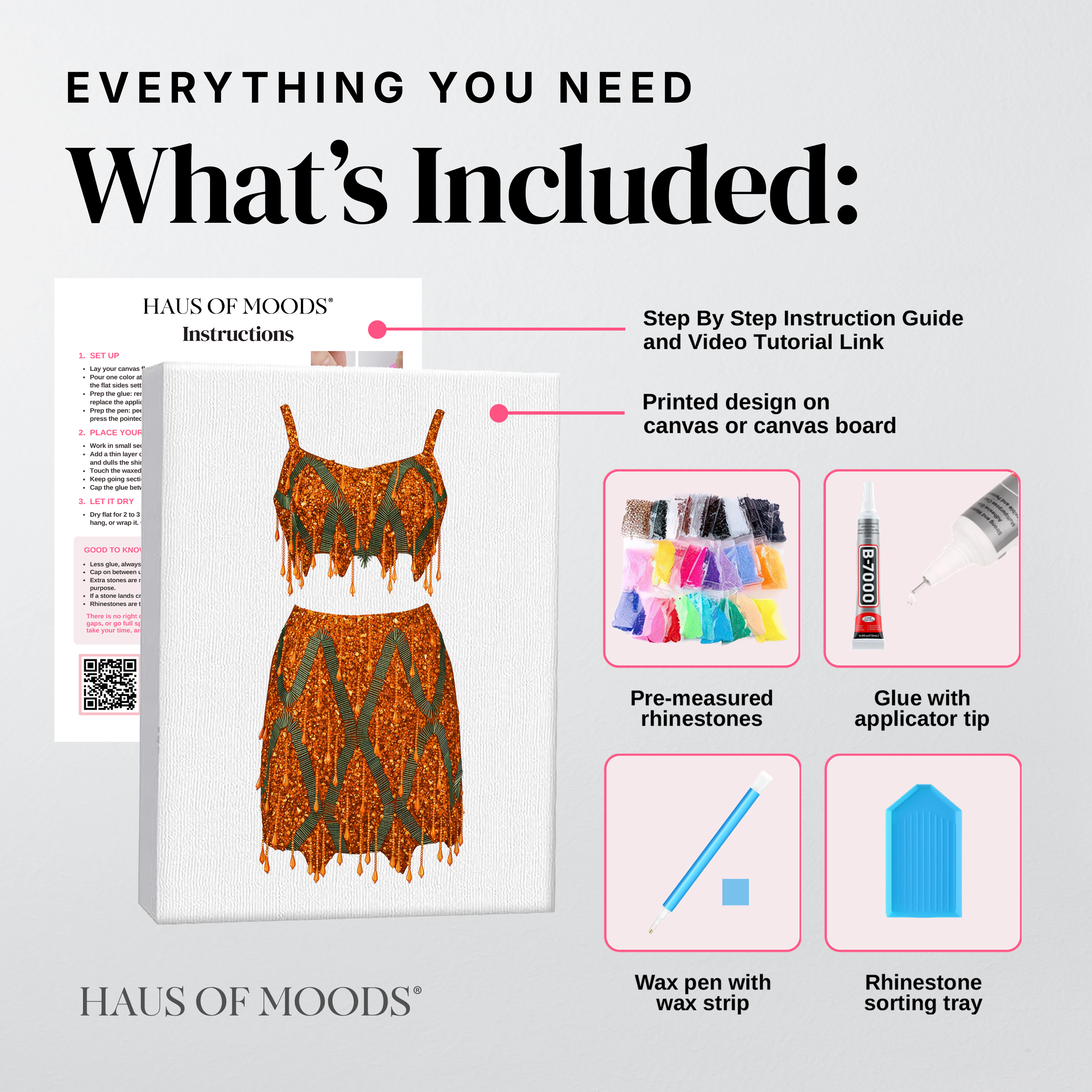 Everything included in the 1989 orange two-piece DIY bedazzle kit: printed canvas, pre-sorted rhinestones, B-7000 glue, wax pen and sorting tray
