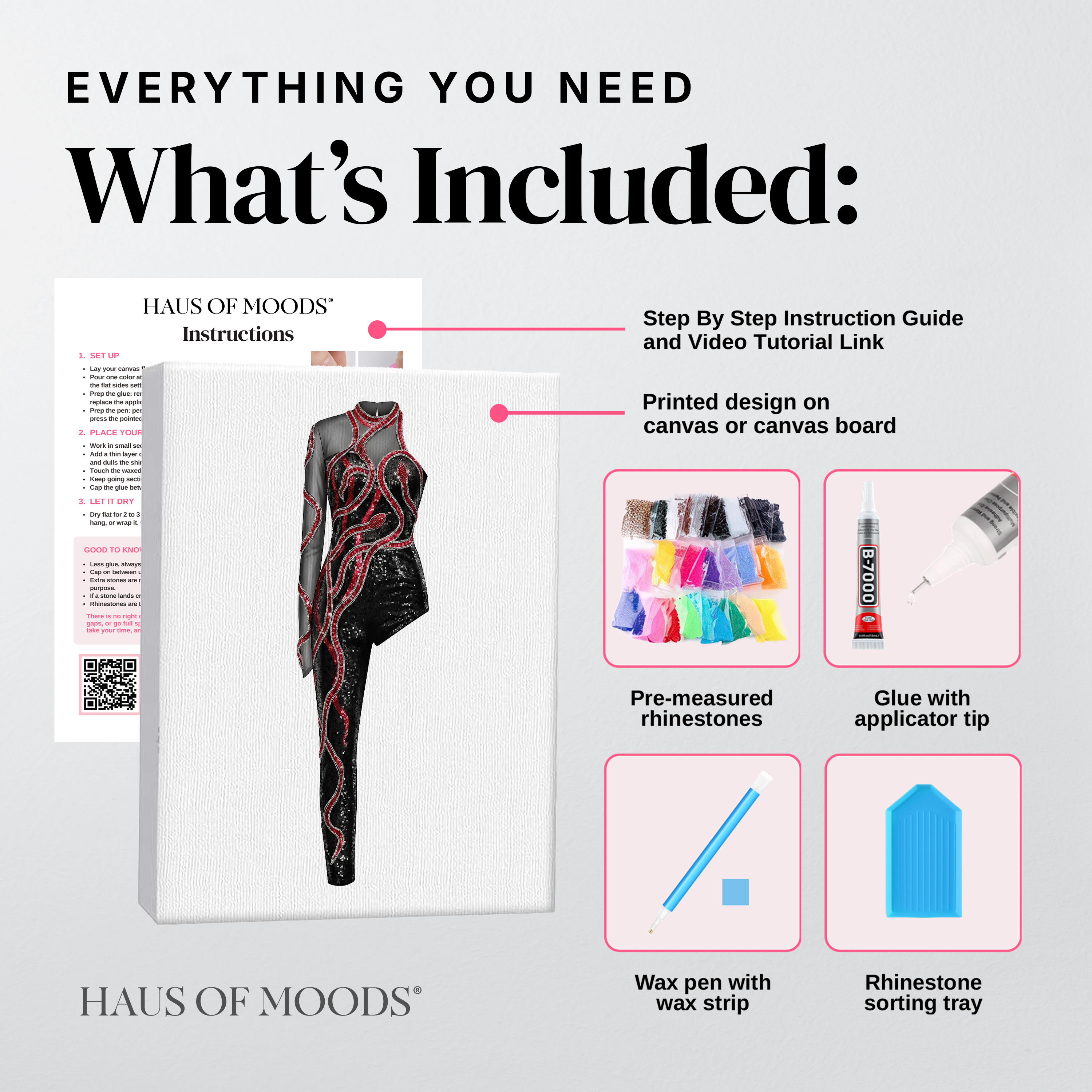 Everything included in the reputation snake catsuit DIY bedazzle kit: printed canvas, pre-sorted rhinestones, B-7000 glue, wax pen and sorting tray