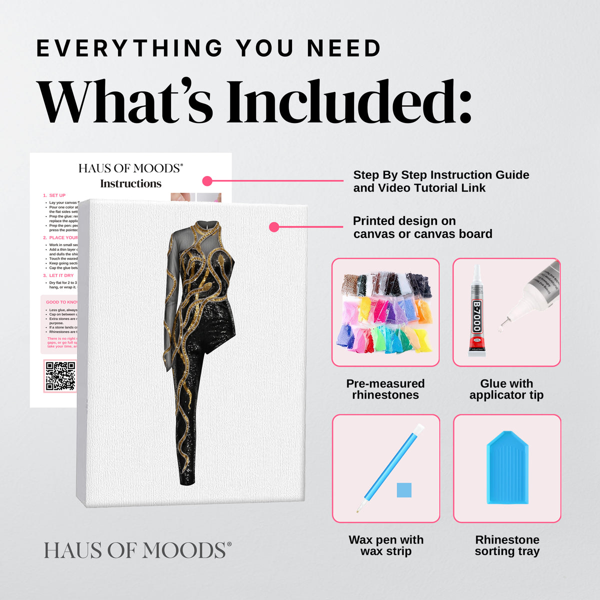 Everything included in the reputation gold snake catsuit DIY bedazzle kit: printed canvas, pre-sorted rhinestones, B-7000 glue, wax pen and sorting tray