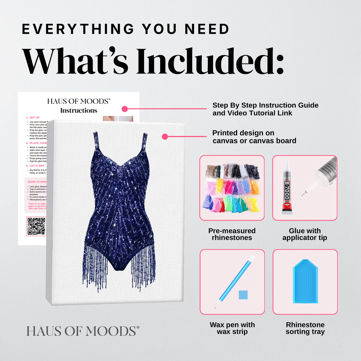 Everything included in the Midnights lines bodysuit DIY bedazzle kit: printed canvas, pre-sorted rhinestones, B-7000 glue, wax pen and sorting tray
