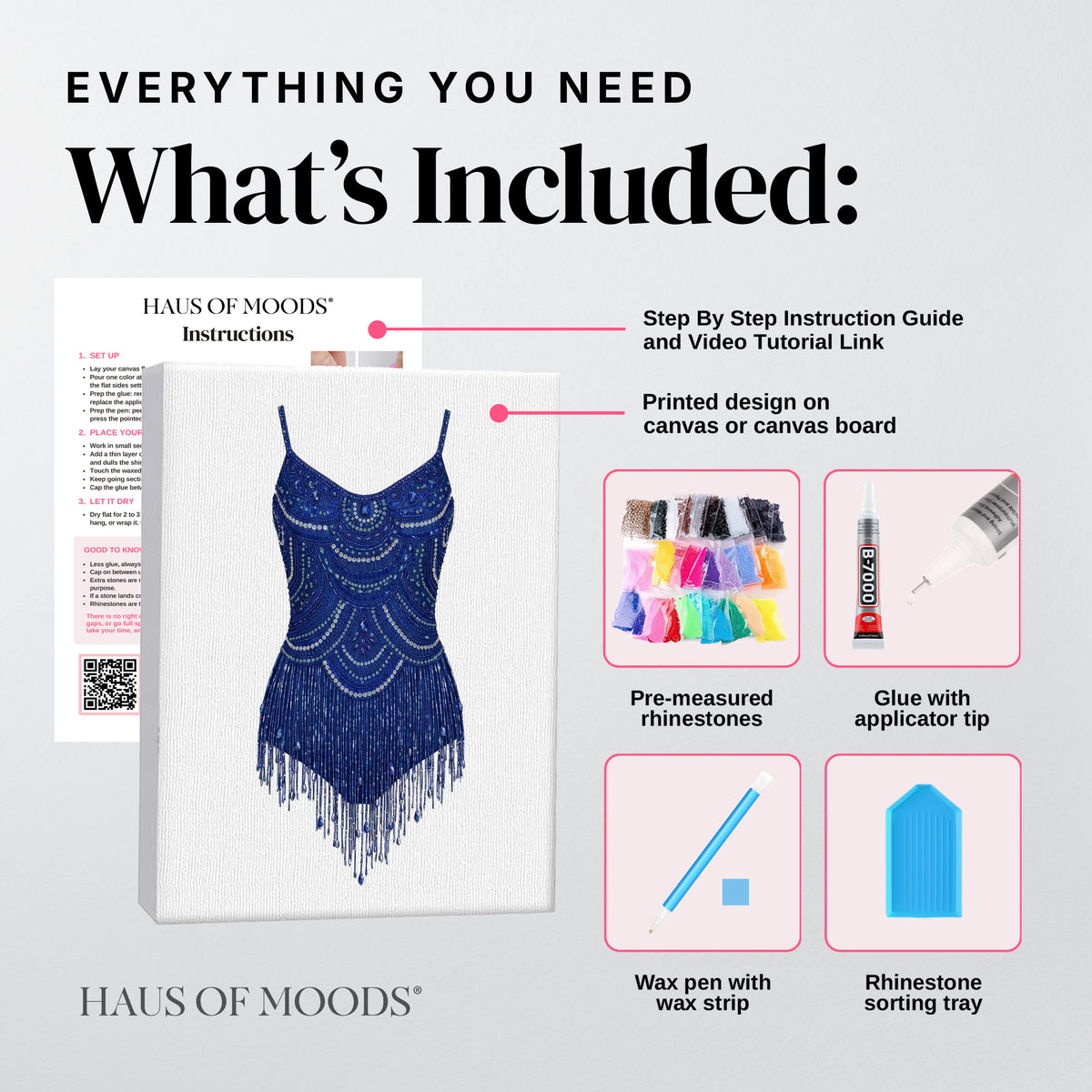 Everything included in the Midnights swoops bodysuit DIY bedazzle kit: printed canvas, pre-sorted rhinestones, B-7000 glue, wax pen and sorting tray