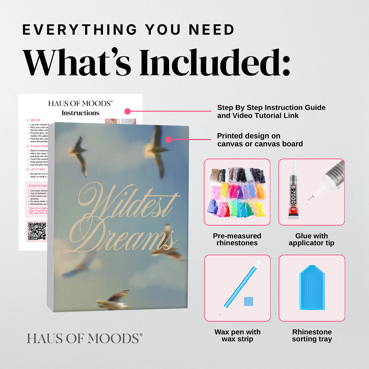 Everything included in the Wildest Dreams DIY bedazzle kit: printed canvas, pre-sorted rhinestones, B-7000 glue, wax pen and sorting tray