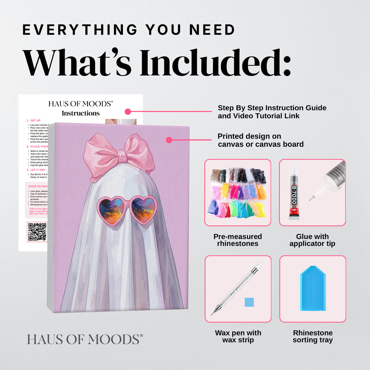 Pink Bow Ghost in Heart Sunglasses DIY Rhinestone Canvas Kit | Halloween Bedazzle Wall Art