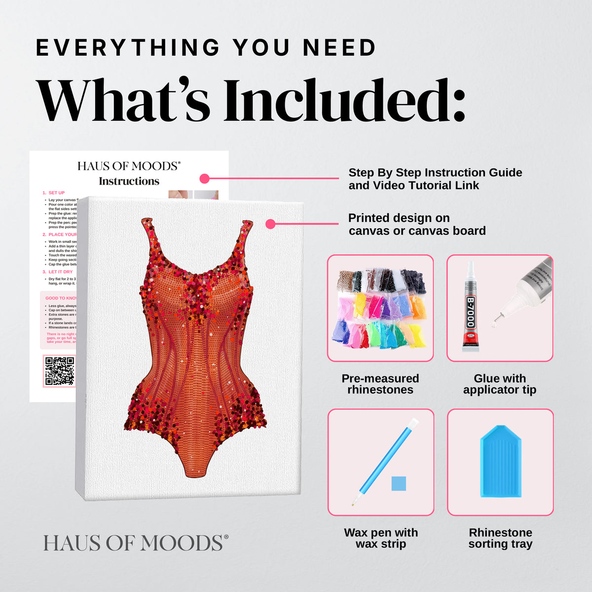 Everything included in the Lover orange bodysuit DIY bedazzle kit: printed canvas, pre-sorted rhinestones, B-7000 glue, wax pen and sorting tray
