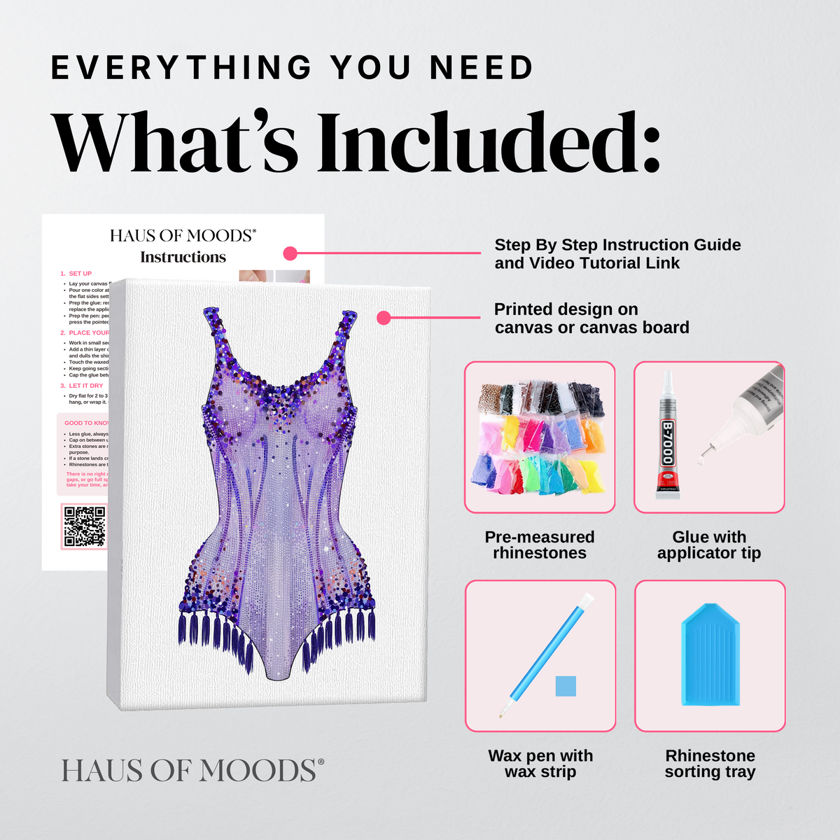 Everything included in the Lover purple bodysuit DIY bedazzle kit: printed canvas, pre-sorted rhinestones, B-7000 glue, wax pen and sorting tray