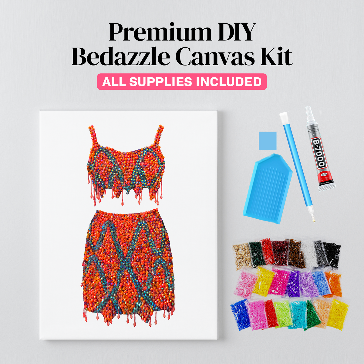 1989 orange two-piece rhinestone canvas kit styled on a wall