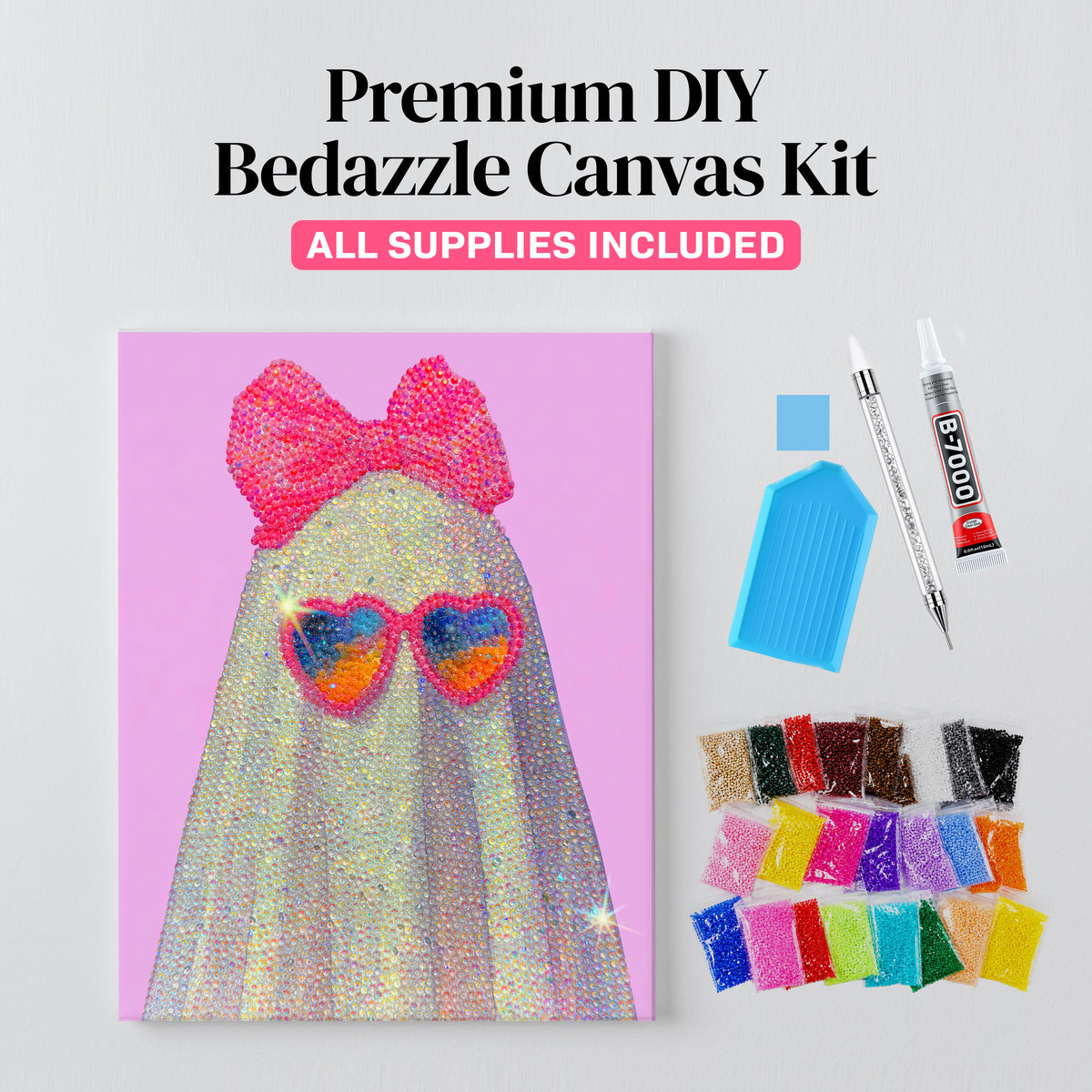 Pink Bow Ghost in Heart Sunglasses DIY Rhinestone Canvas Kit | Halloween Bedazzle Wall Art