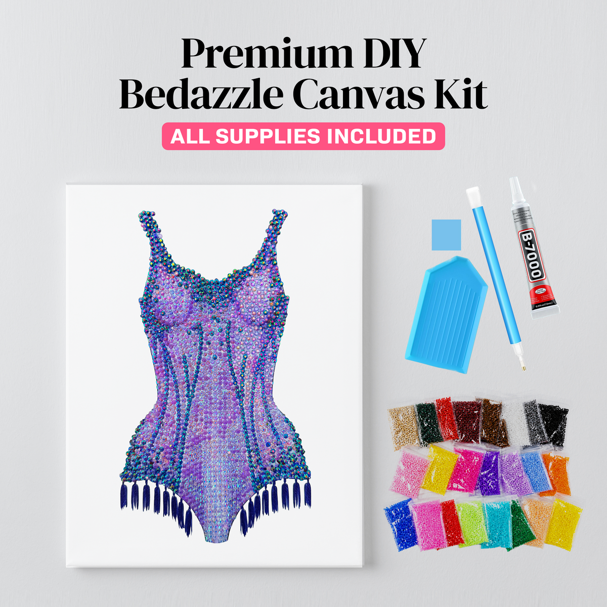 Lover purple bodysuit rhinestone canvas kit styled on a wall