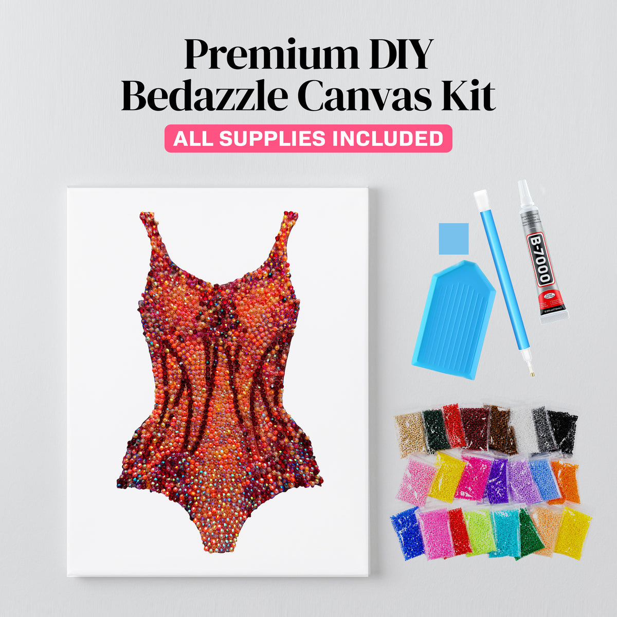 Lover orange bodysuit bedazzle canvas kit styled on a wall