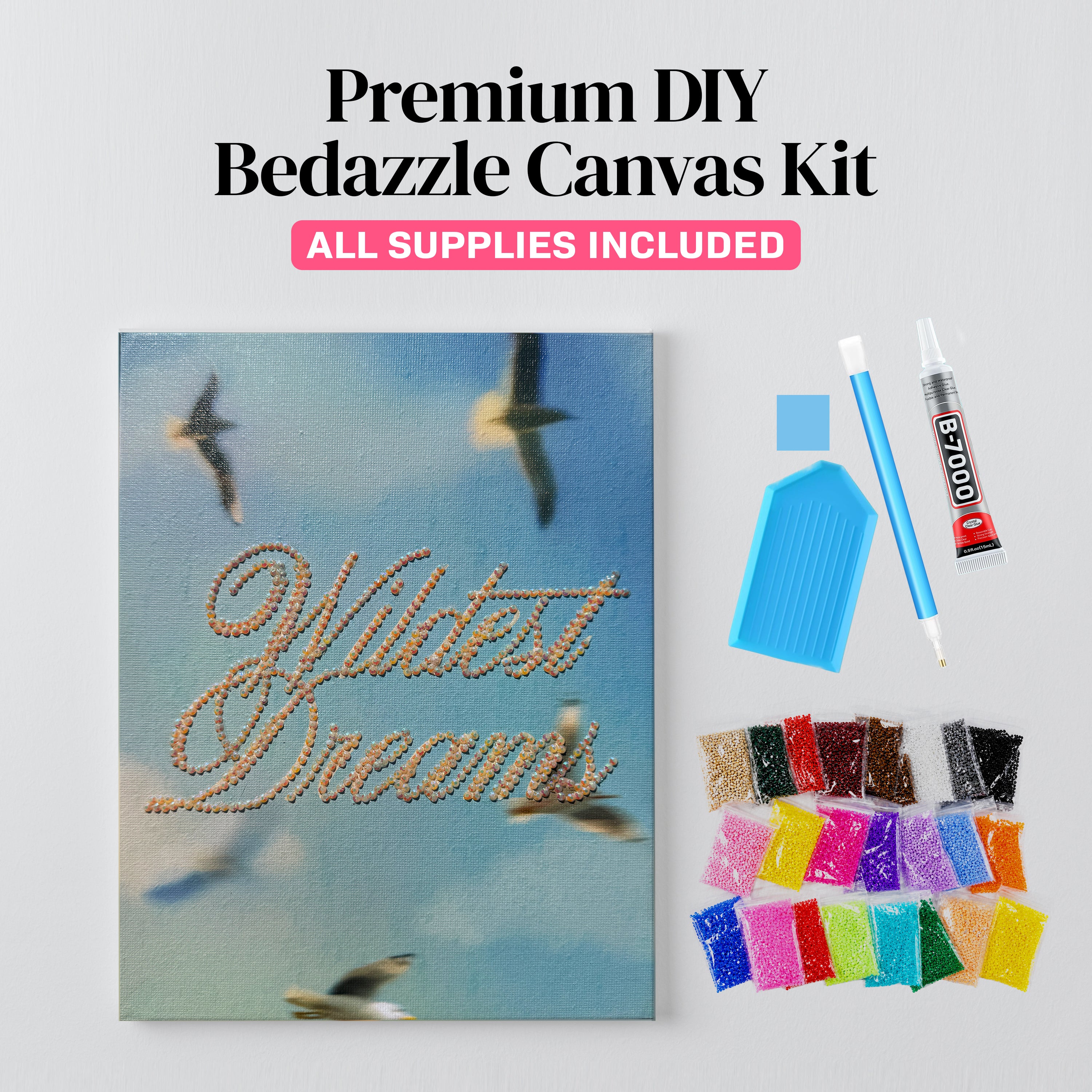 Wildest Dreams bedazzle canvas kit styled on a wall
