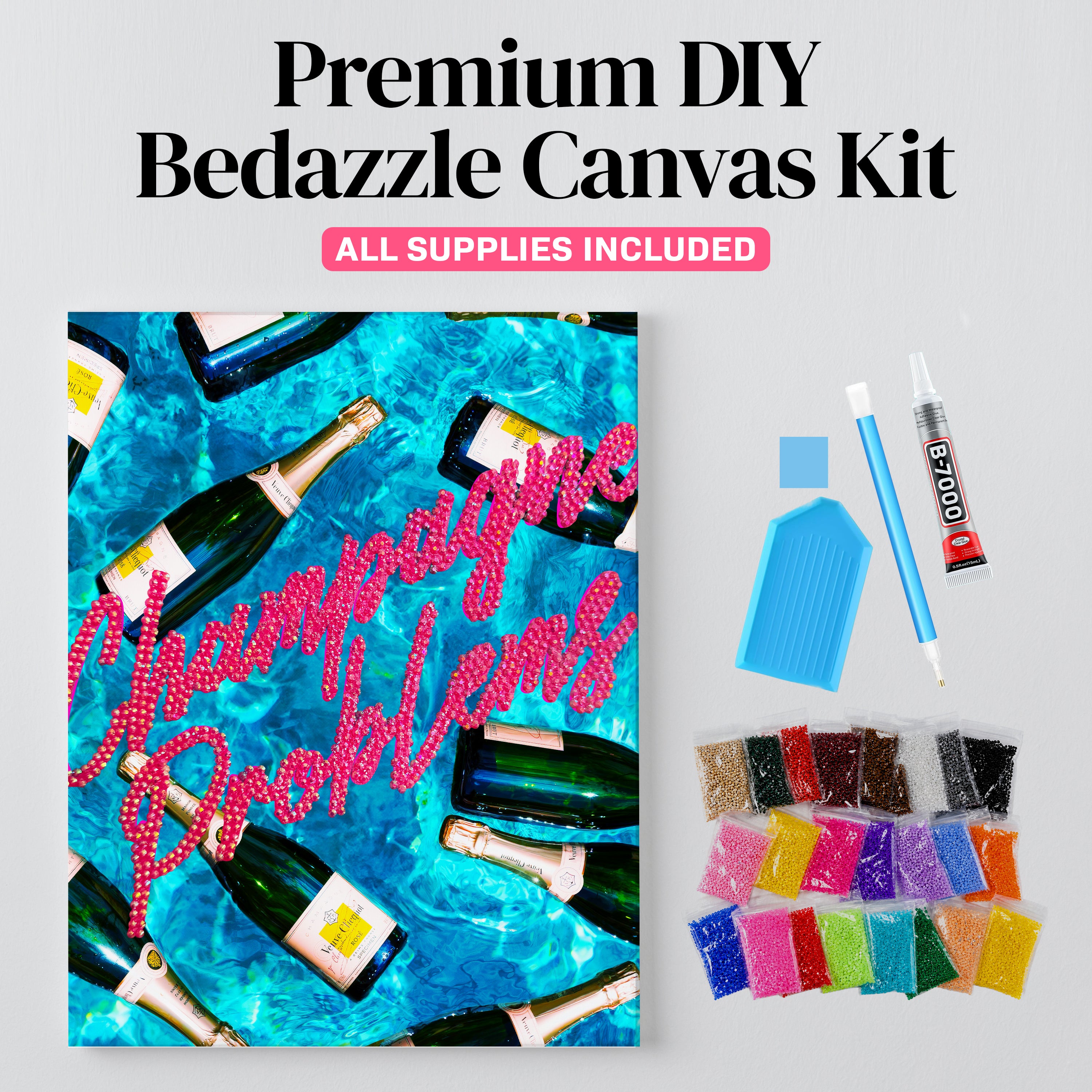 Champagne Problems rhinestone canvas kit, angled view