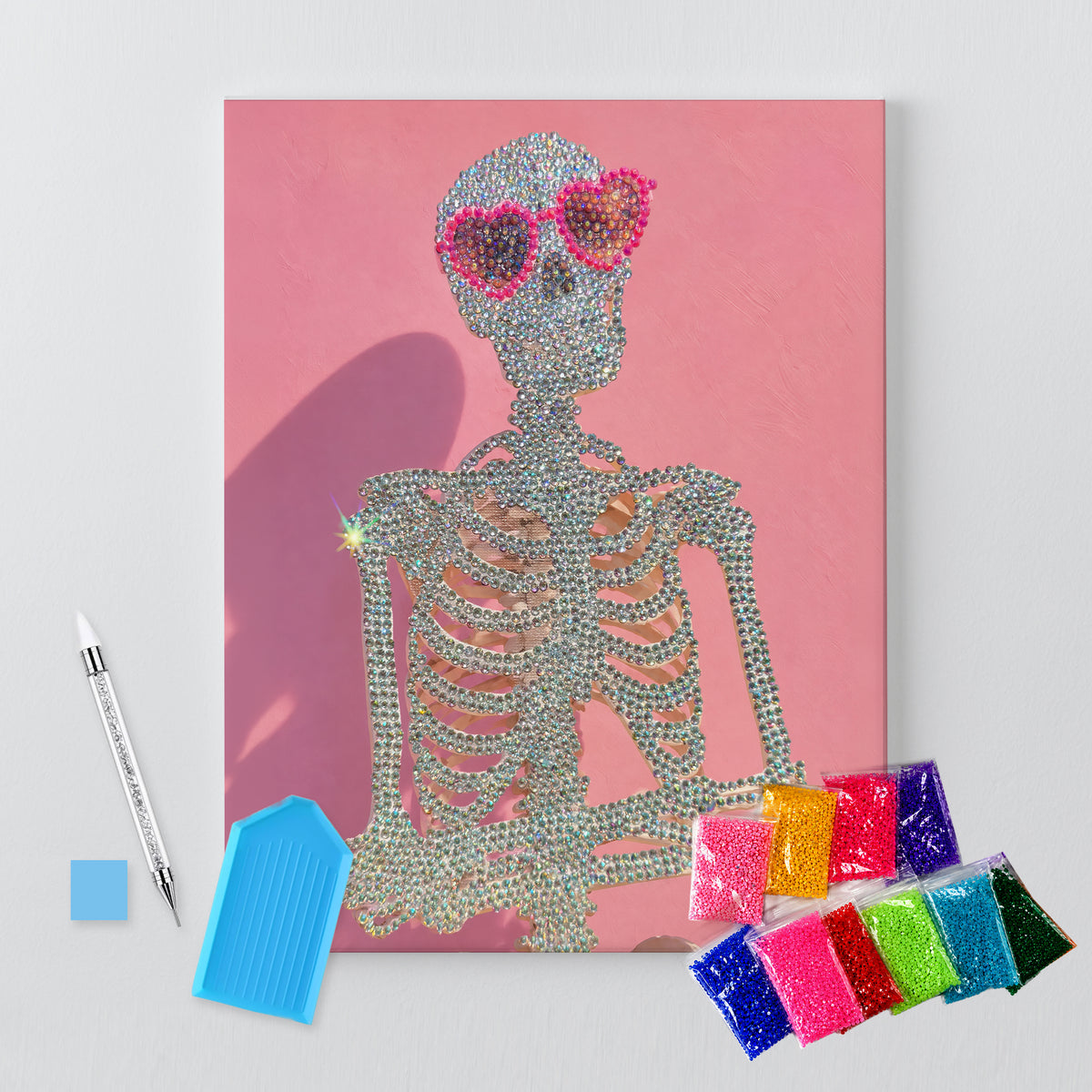 Pink Skeleton in Heart Sunglasses DIY Rhinestone Canvas Kit | Halloween Bedazzle Wall Art
