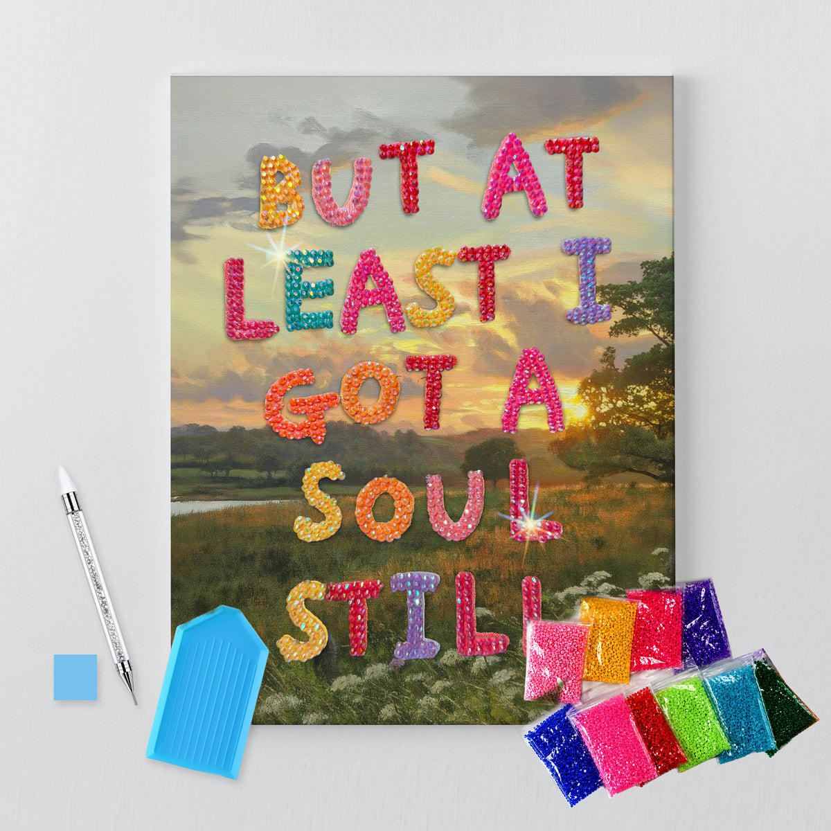 Haus of Moods DIY Rhinestone Canvas Kit featuring Noah Kahan-inspired design with colorful rhinestones on a canvas for creative craft projects.