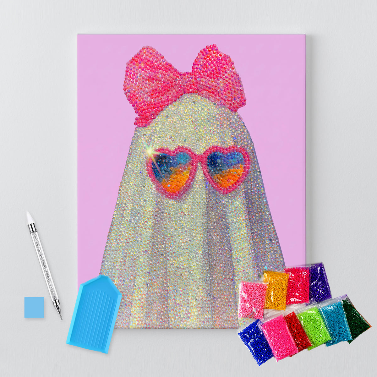 Pink Bow Ghost in Heart Sunglasses DIY Rhinestone Canvas Kit | Halloween Bedazzle Wall Art