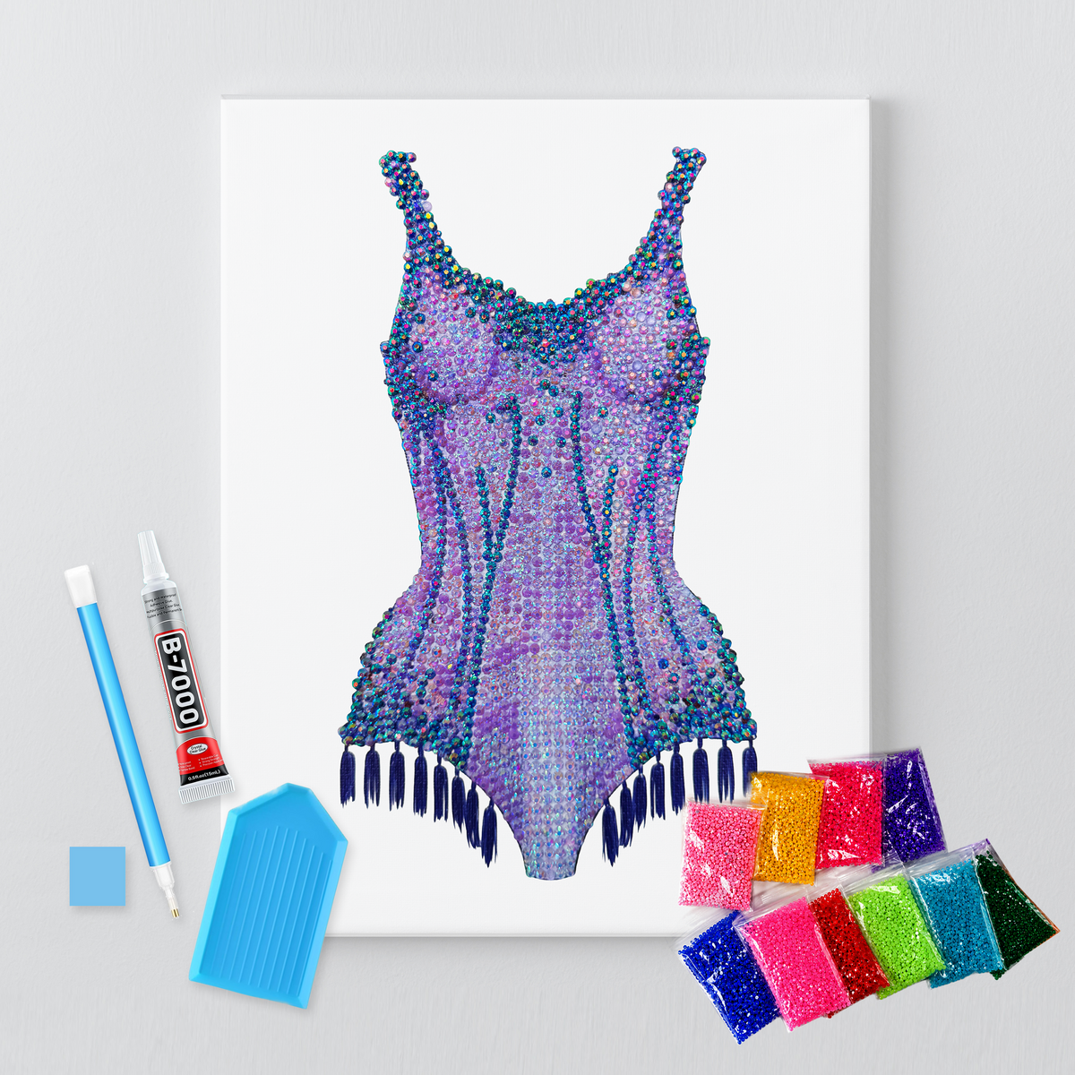 Lover purple bodysuit rhinestone canvas kit shown in a styled room
