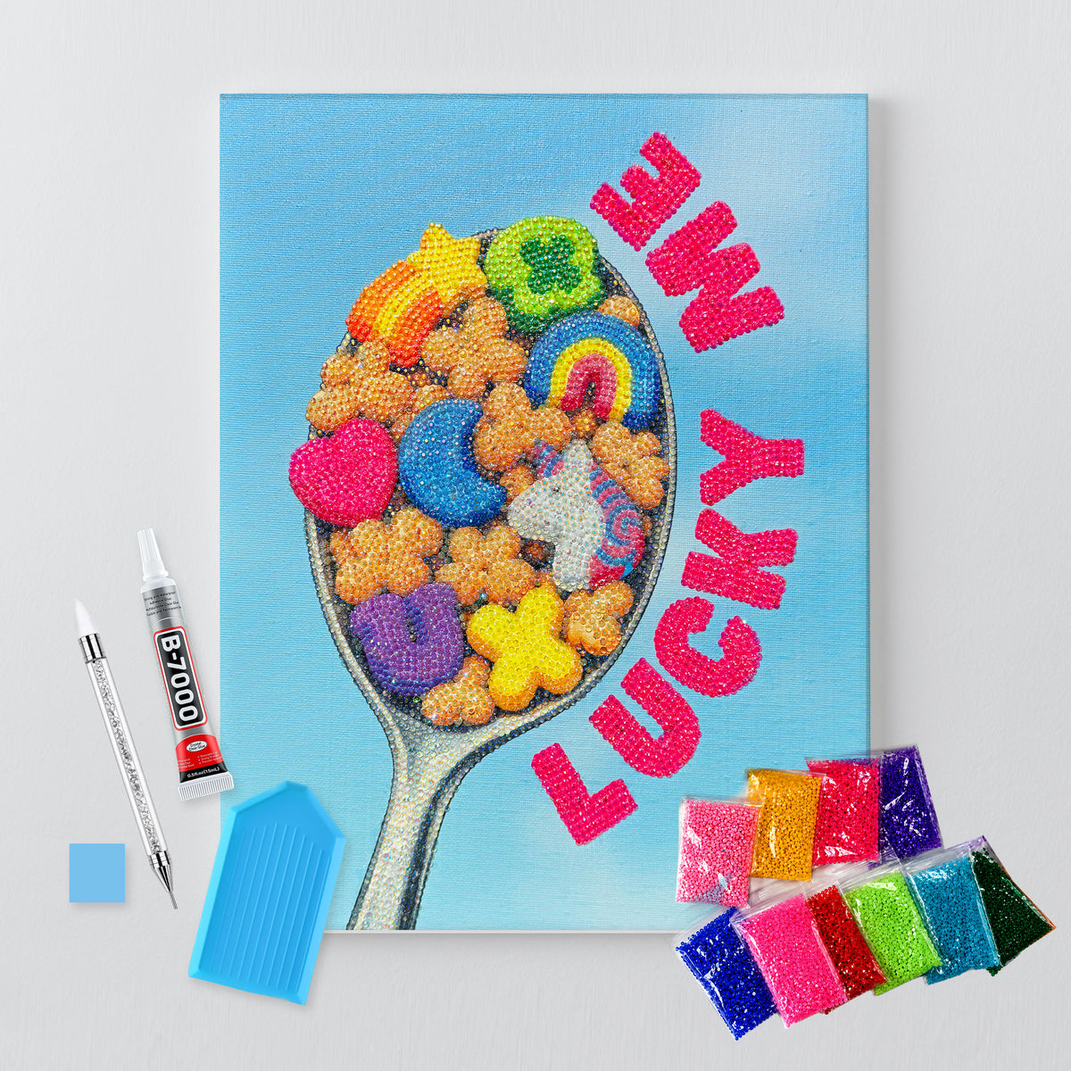DIY "Lucky Me" Cereal Spoon Bedazzle Canvas Kit – Sparkling Rhinestone Diamond Art